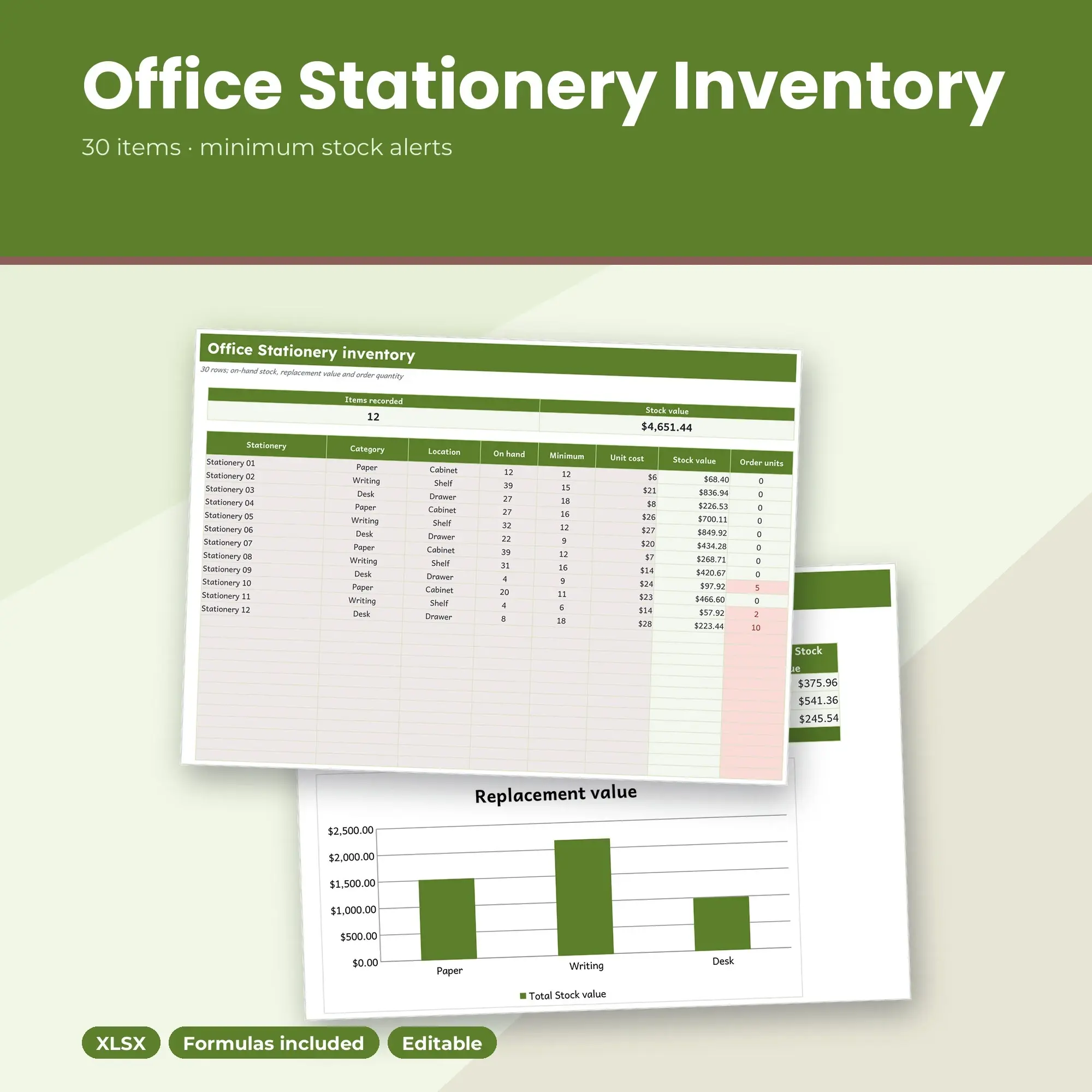Office Stationery Inventory Spreadsheet, Single Room 30-Item Tracker (XLSX) preview