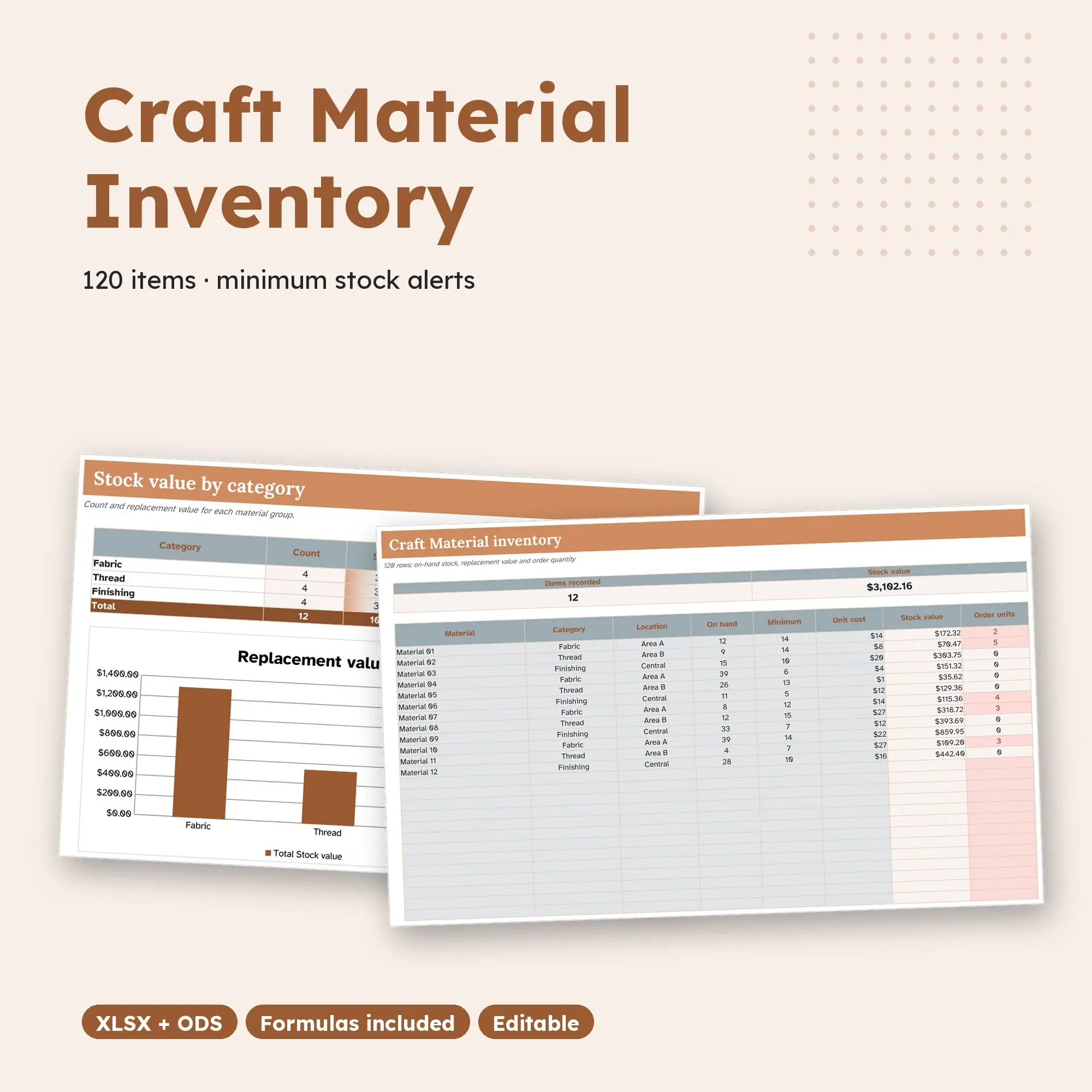 Craft Material Inventory Spreadsheet, Multi Area 120-Item Tracker (XLSX + ODS) preview