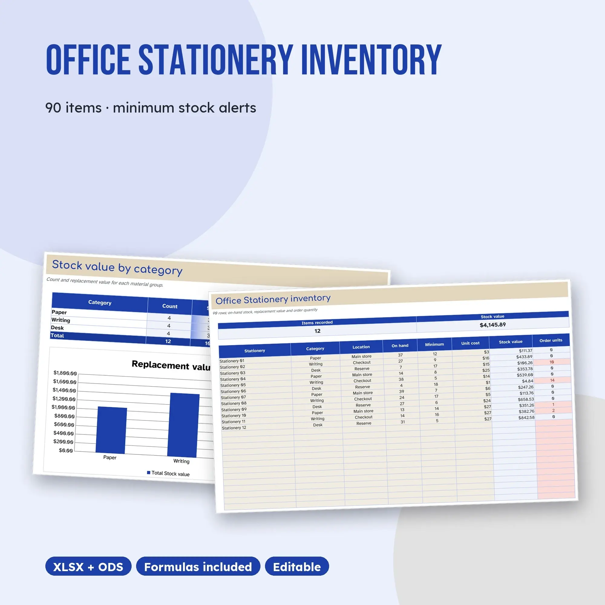 Office Stationery Inventory Spreadsheet, Shared Store 90-Item Tracker (XLSX + ODS) preview