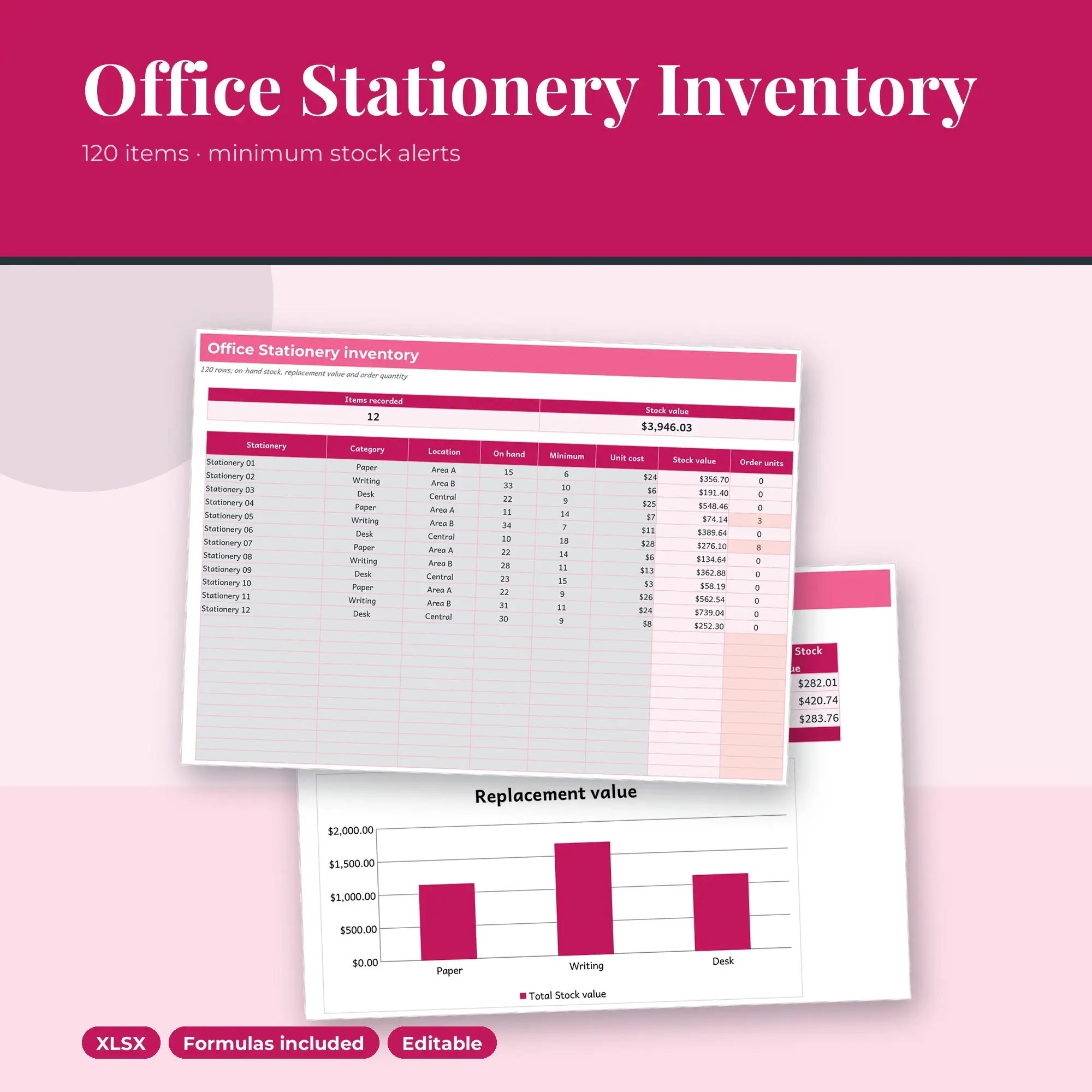 Office Stationery Inventory Spreadsheet, Multi Area 120-Item Tracker (XLSX) preview