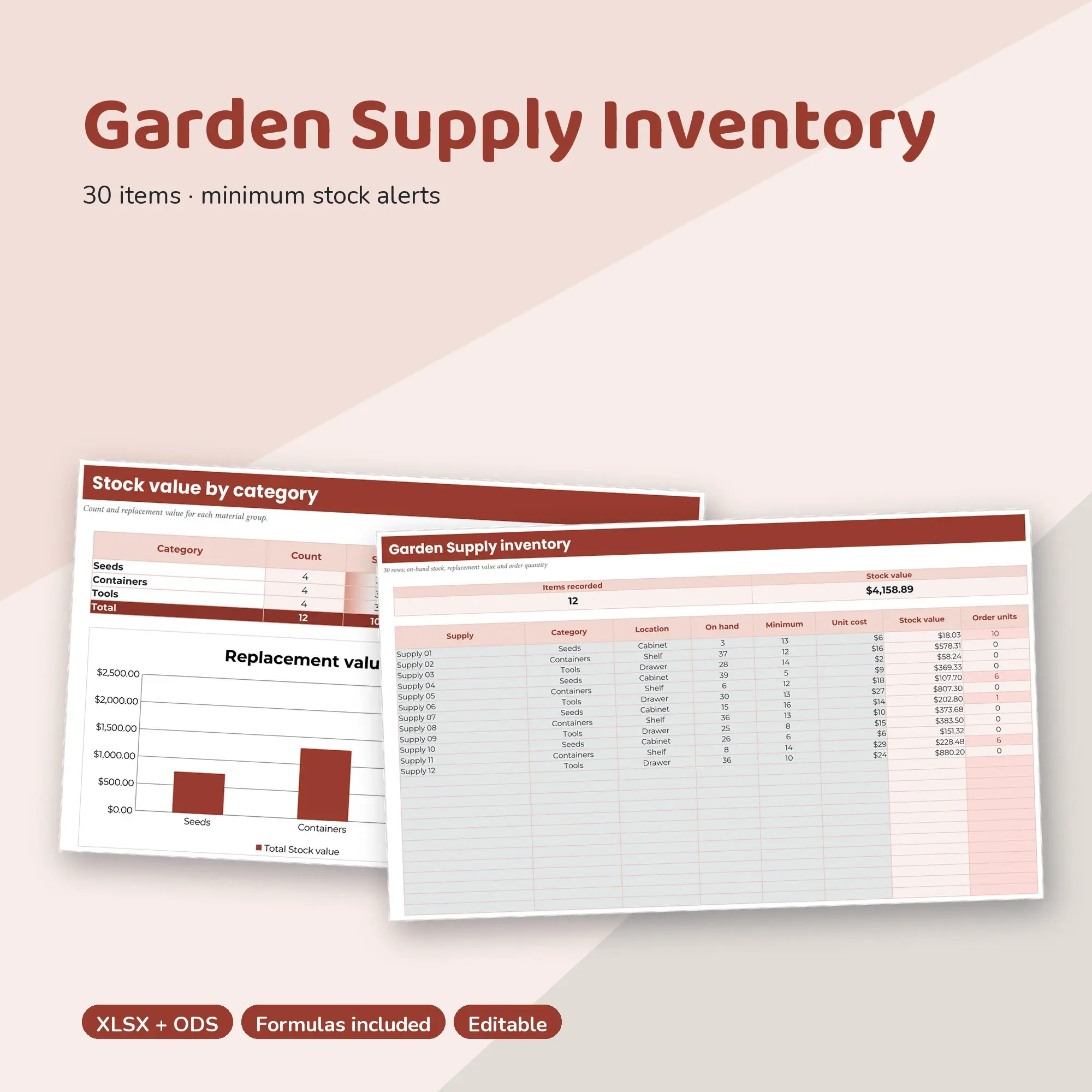 Garden Supply Inventory Spreadsheet, Single Room 30-Item Tracker (XLSX + ODS) preview