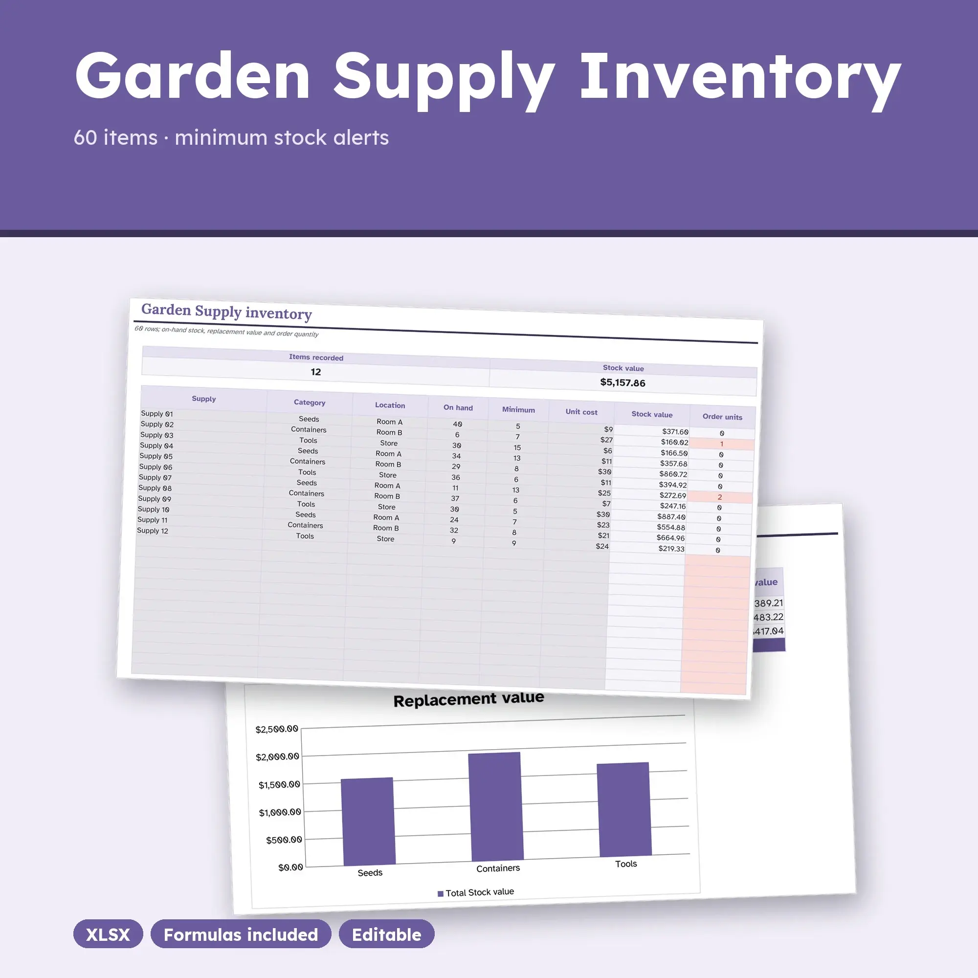 Garden Supply Inventory Spreadsheet, Two Room 60-Item Tracker (XLSX) preview