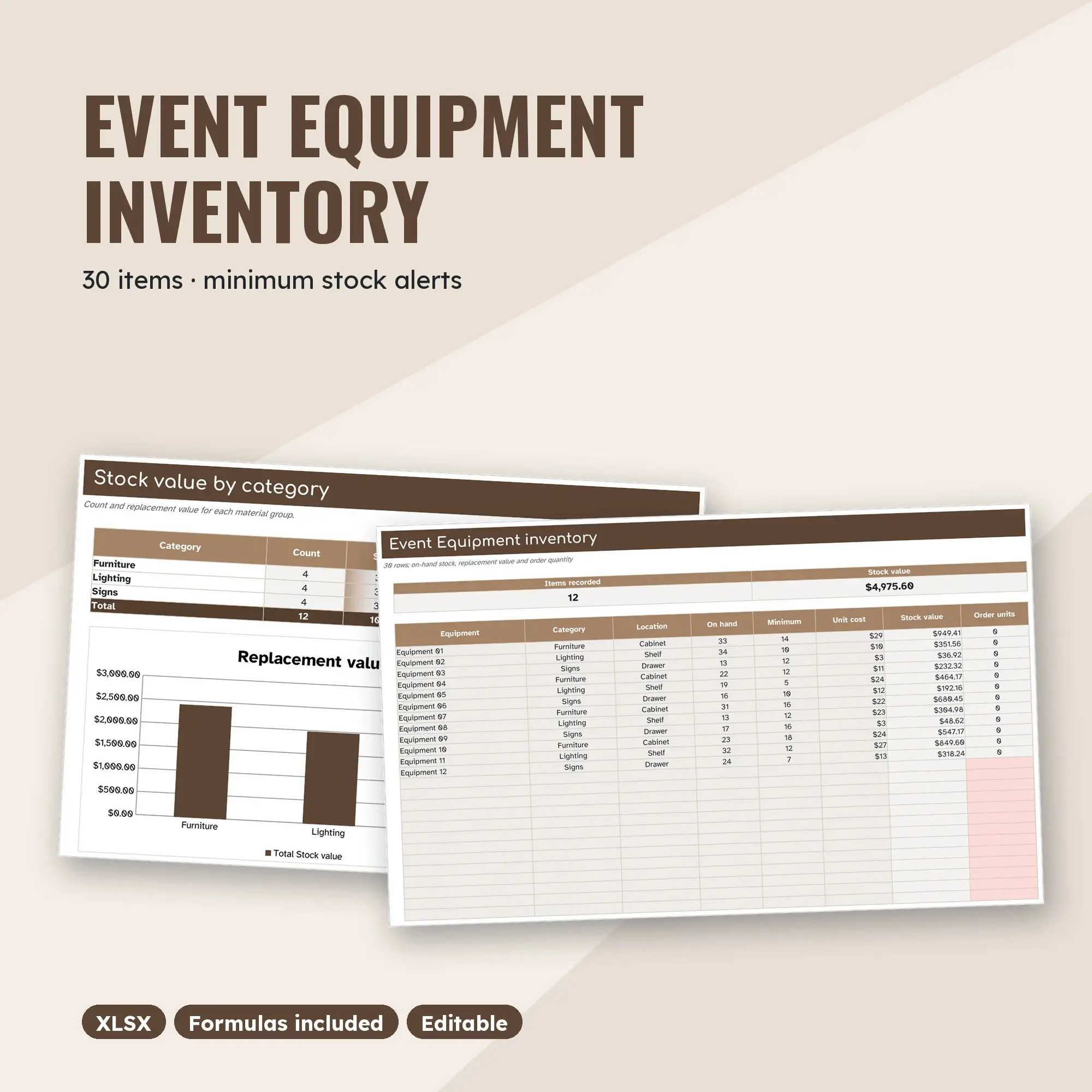 Event Equipment Inventory Spreadsheet, Single Room 30-Item Tracker (XLSX) preview