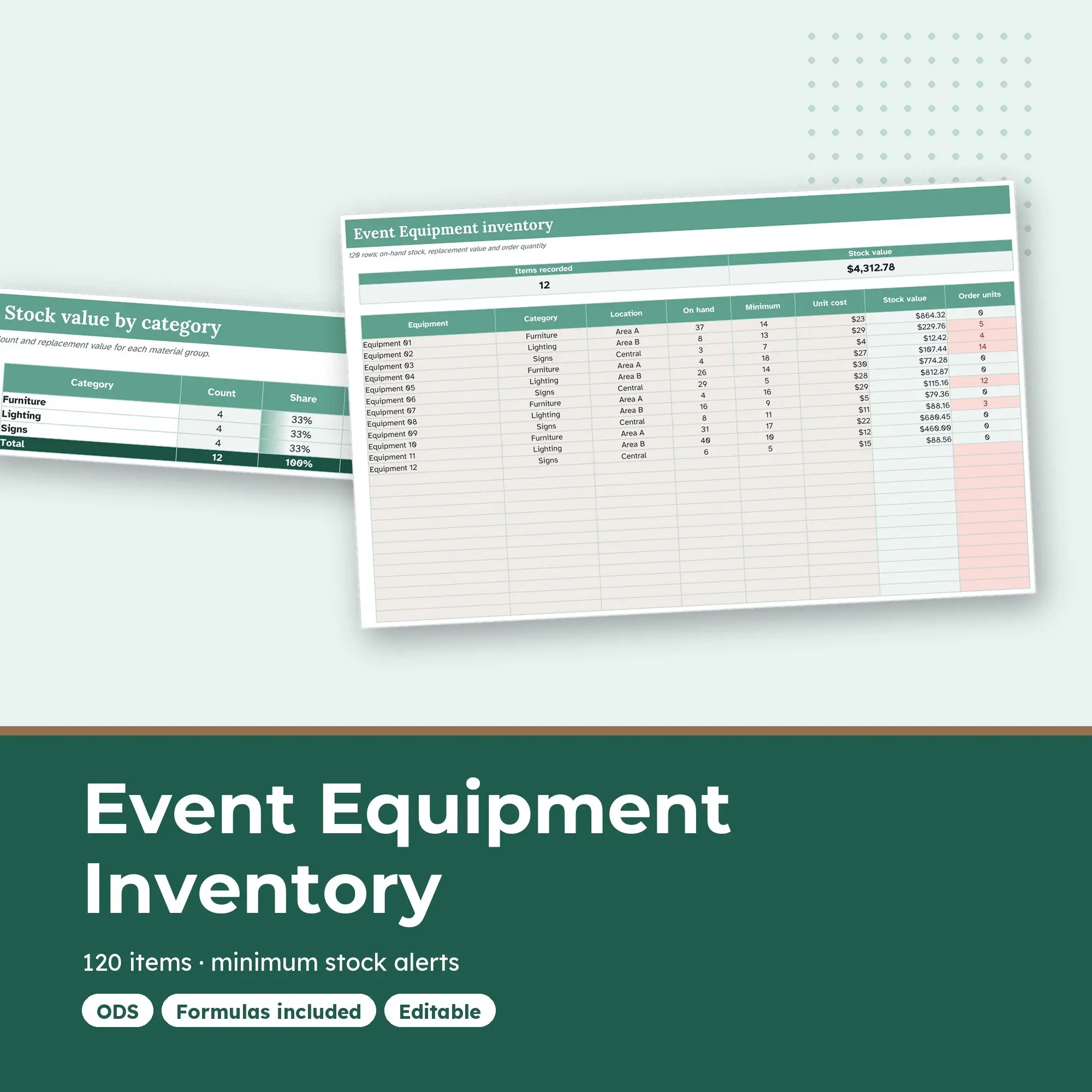 Event Equipment Inventory Spreadsheet, Multi Area 120-Item Tracker (ODS) preview