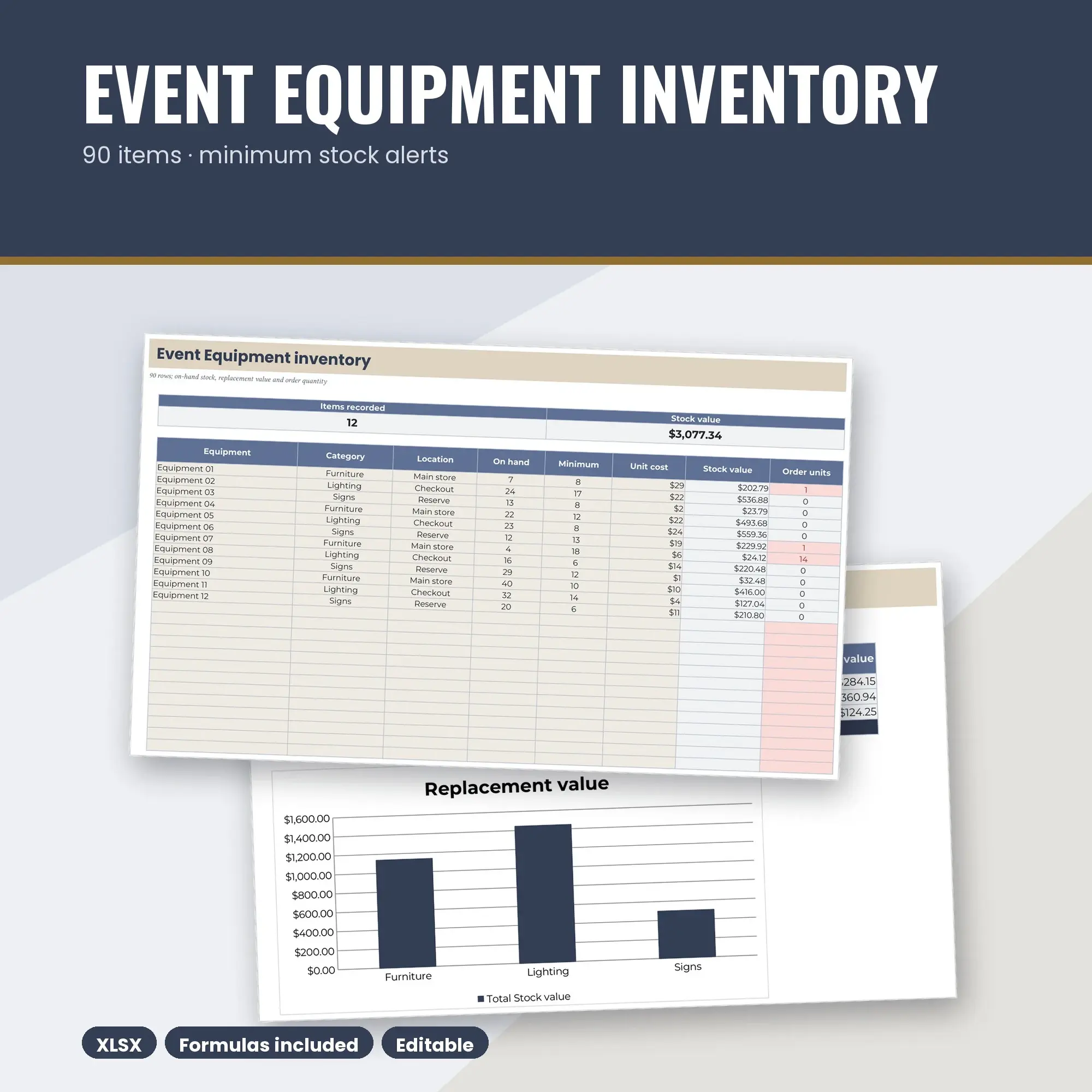 Event Equipment Inventory Spreadsheet, Shared Store 90-Item Tracker (XLSX) preview