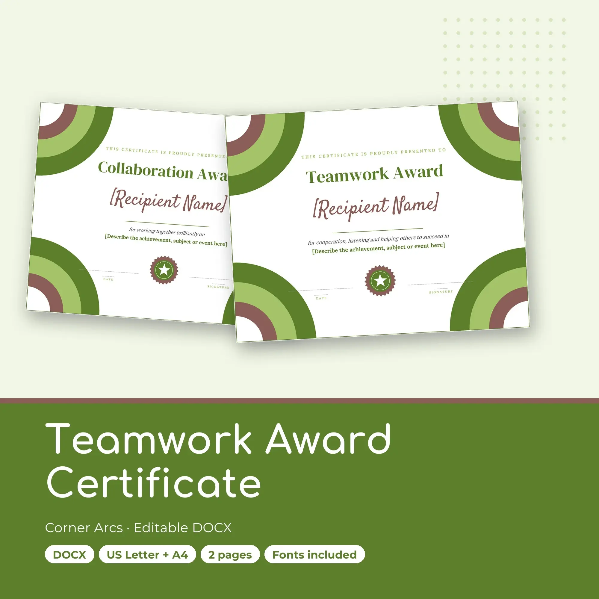 Teamwork Award Certificate Template, Corner Arcs (DOCX) preview