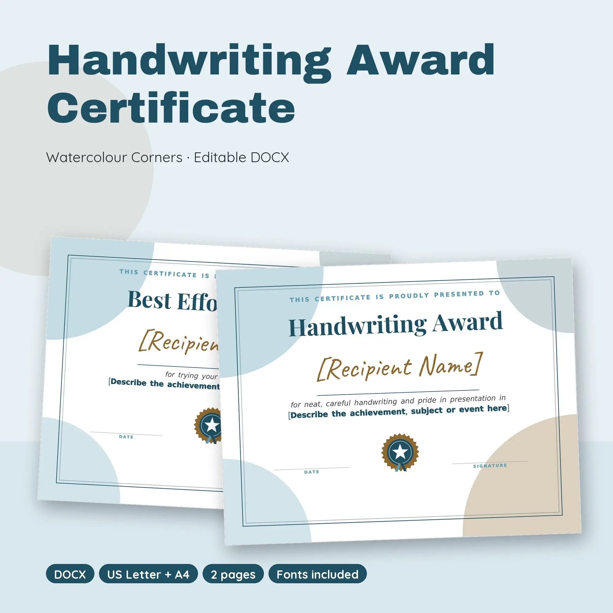 Handwriting Award Certificate Template, Watercolour Corners (DOCX) preview
