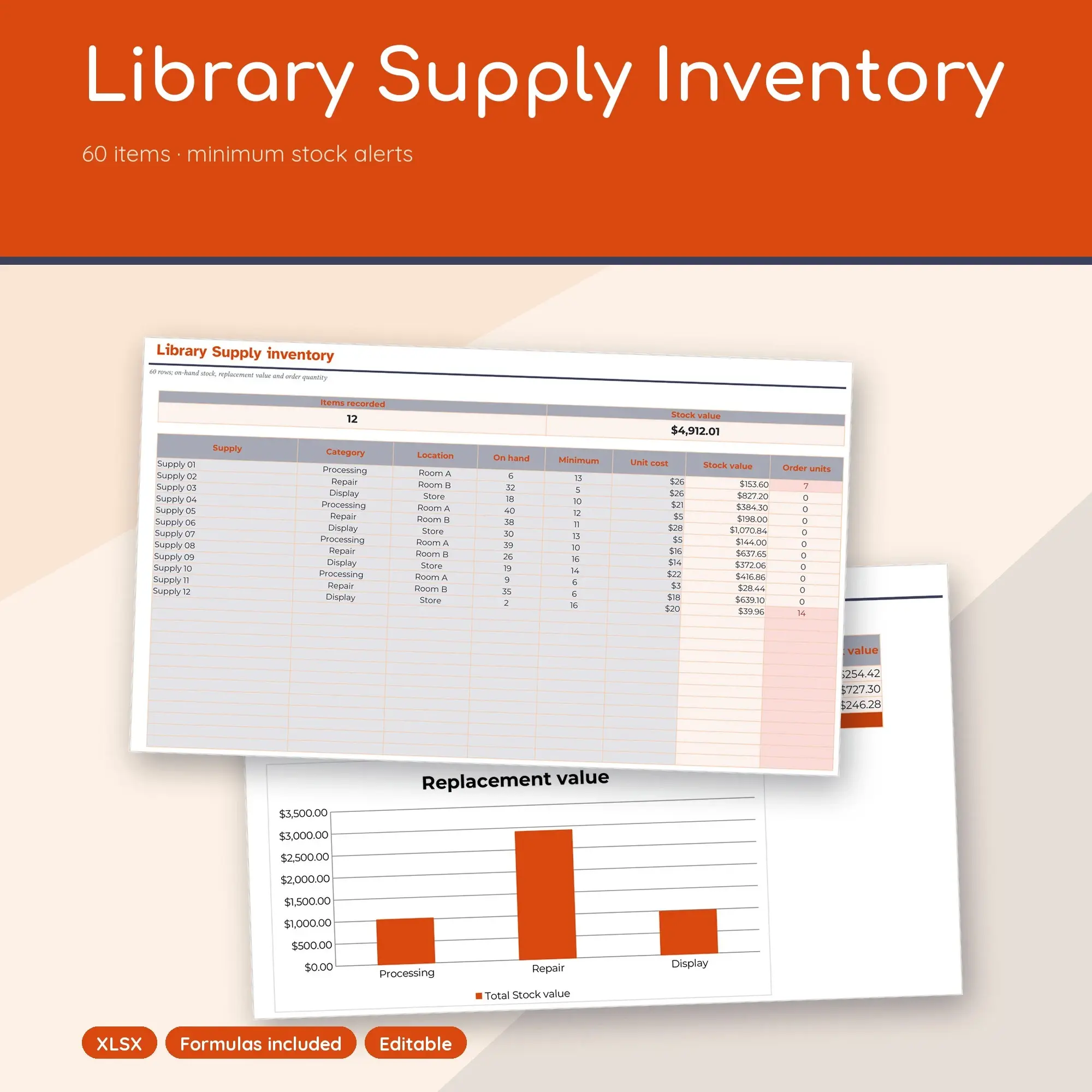 Library Supply Inventory Spreadsheet, Two Room 60-Item Tracker (XLSX) preview