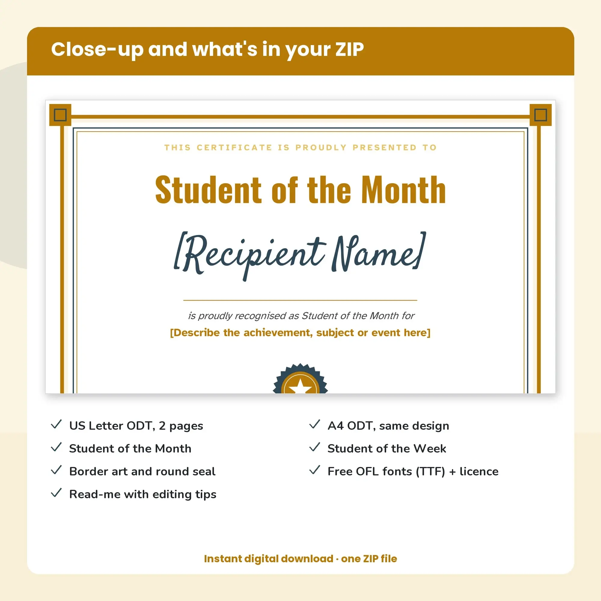 Student of the Month Certificate Template, Classic Frame (ODT), preview 2 of 2