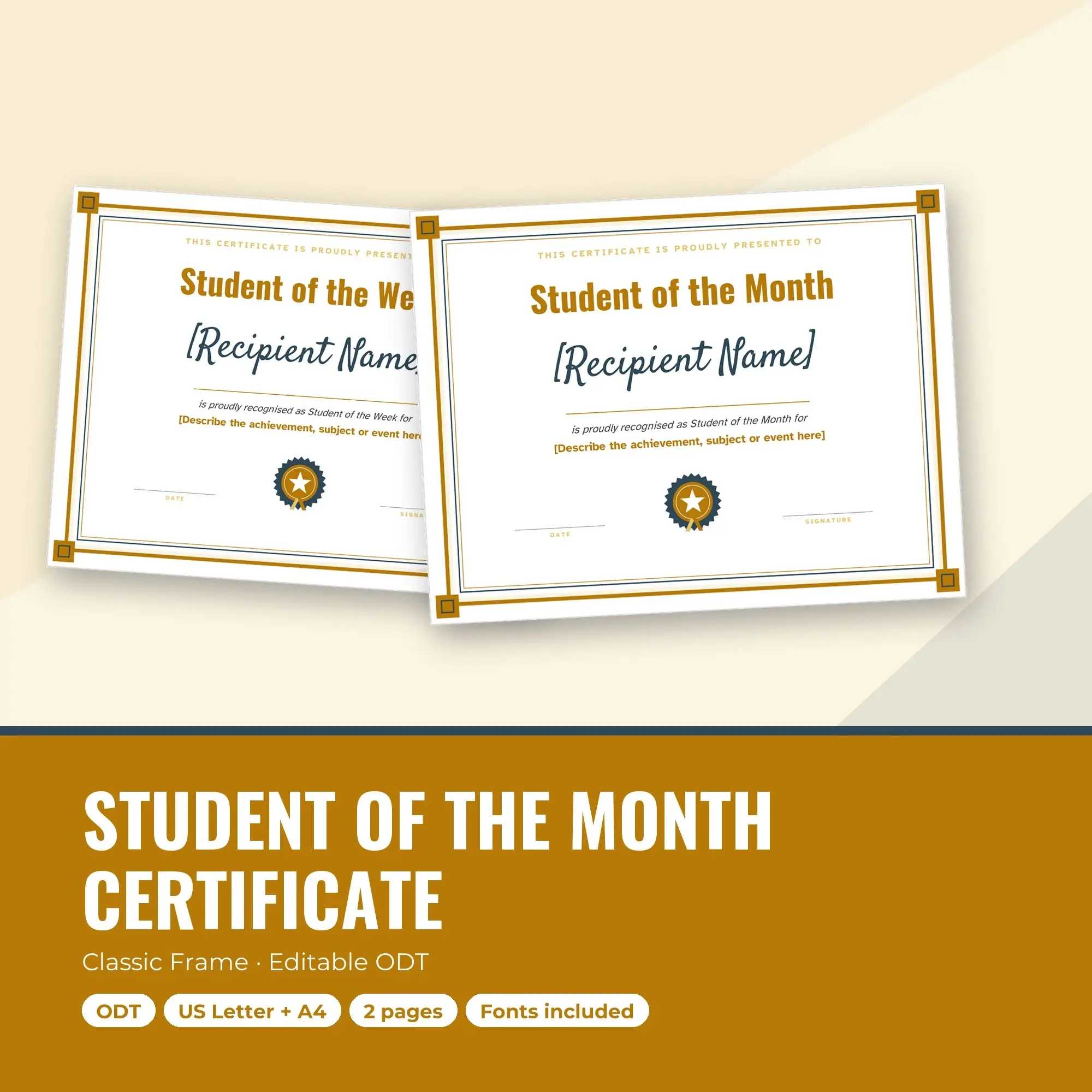 Student of the Month Certificate Template, Classic Frame (ODT), preview 1 of 2