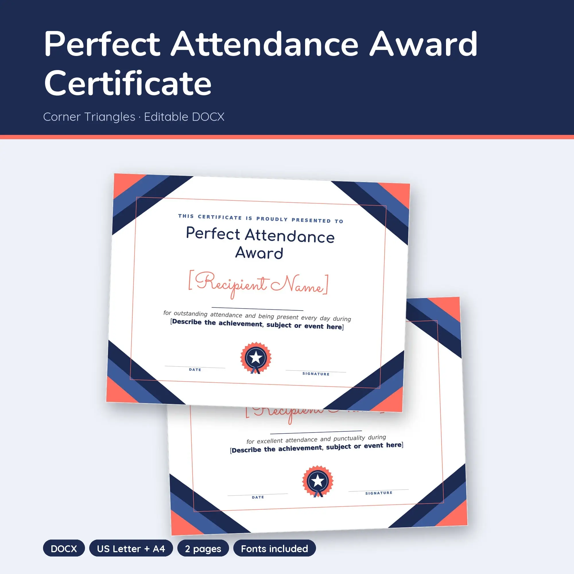Perfect Attendance Award Certificate Template, Corner Triangles (DOCX) preview