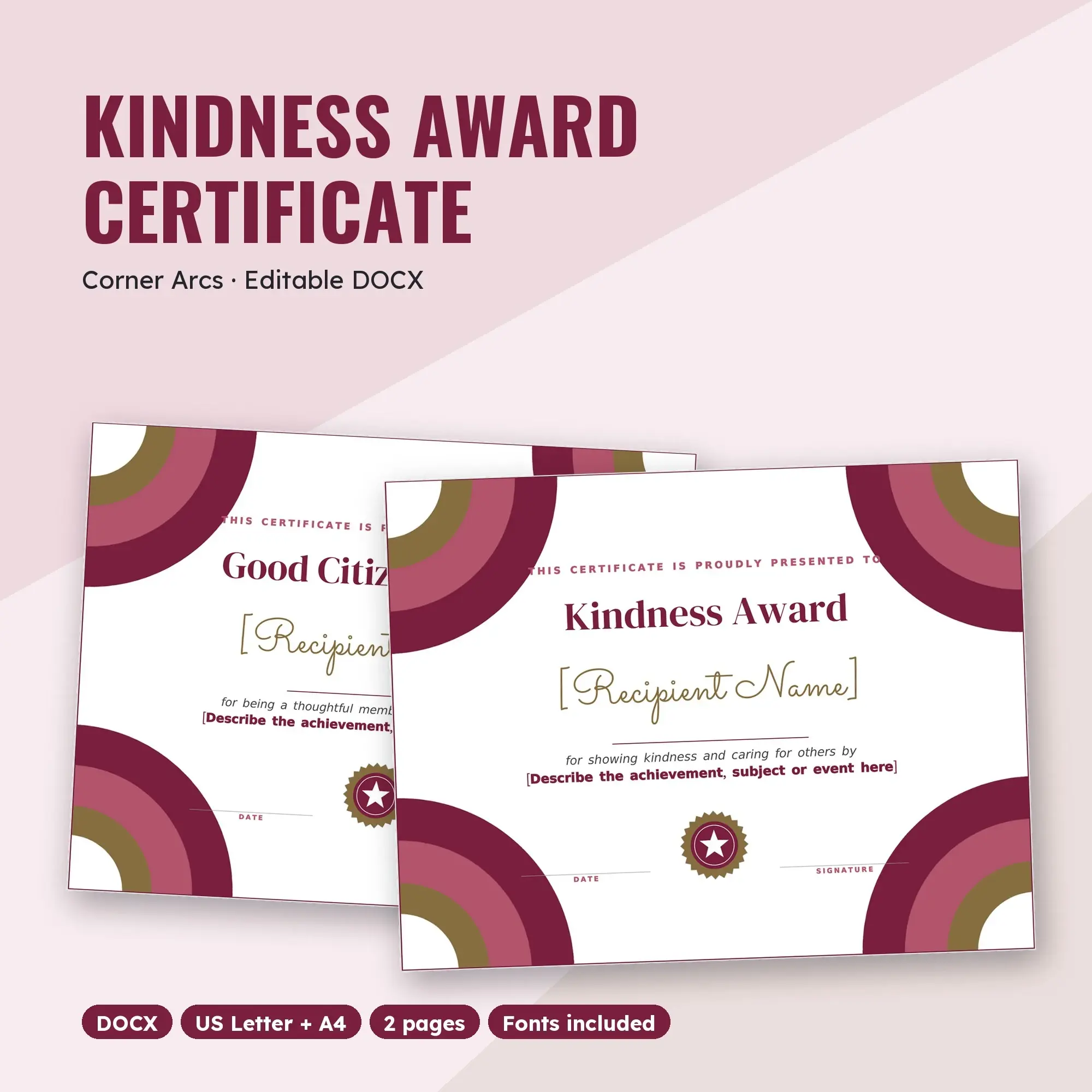 Kindness Award Certificate Template, Corner Arcs (DOCX) preview