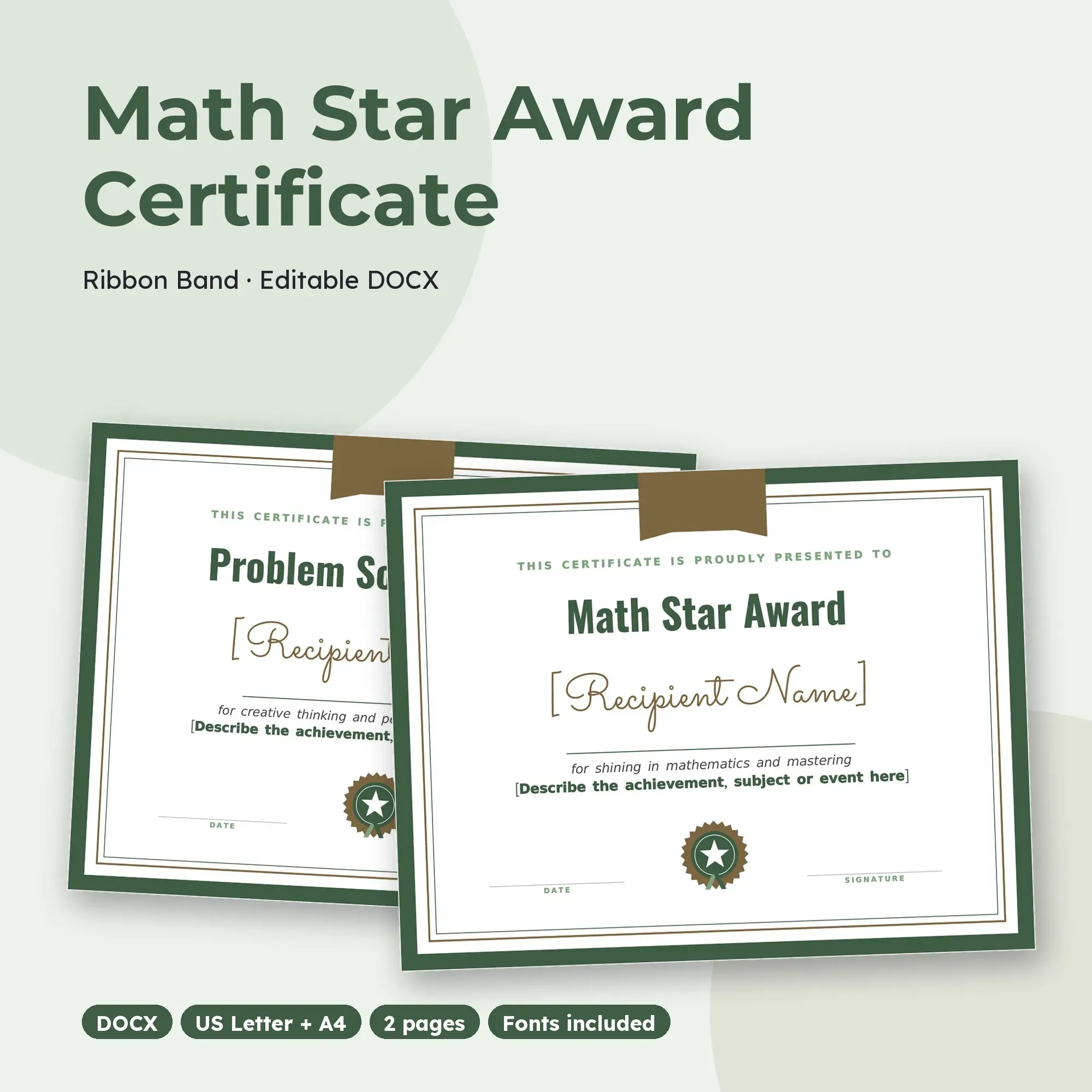Math Star Award Certificate Template, Ribbon Band (DOCX) preview
