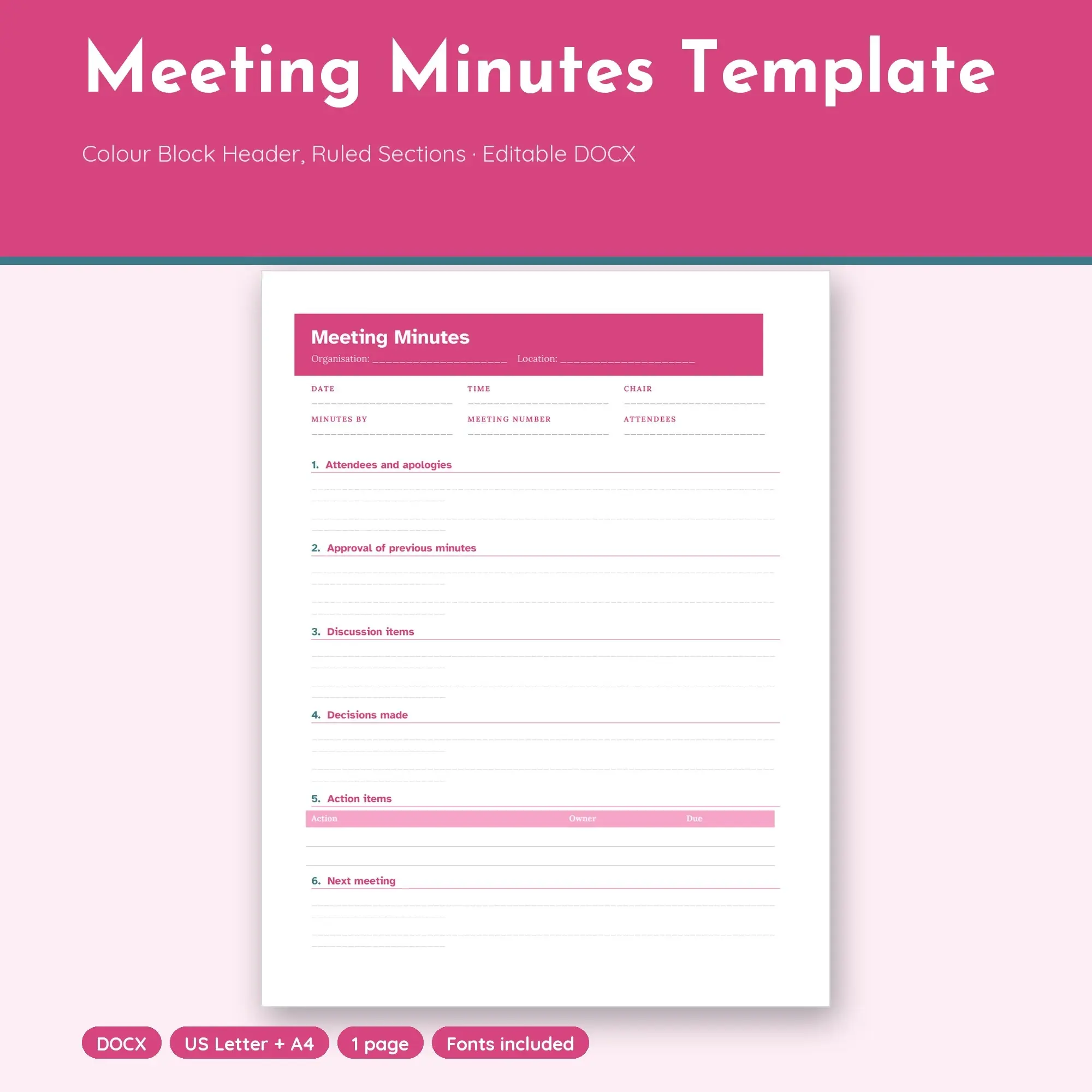 Meeting Minutes Template, Colour Block Header, Ruled Sections (DOCX) preview