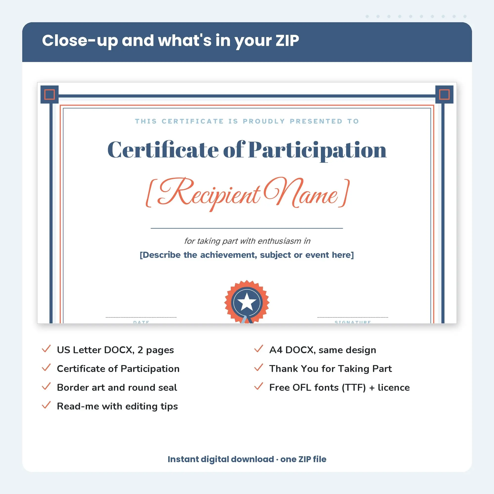 Certificate of Participation Template, Classic Frame (DOCX), preview 2 of 2