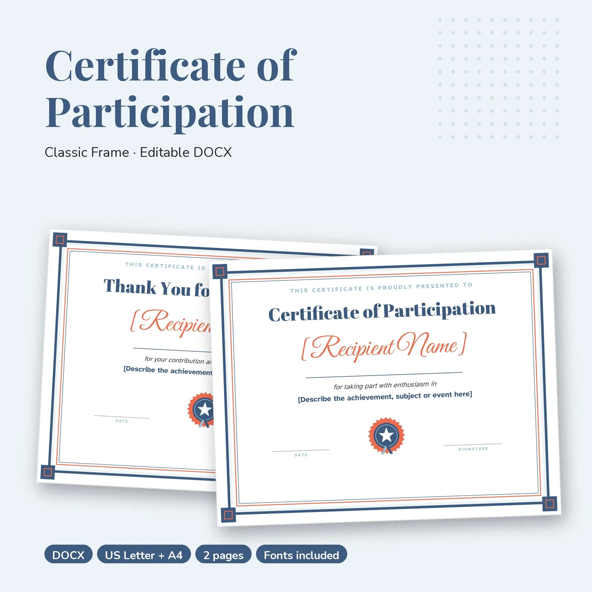Certificate of Participation Template, Classic Frame (DOCX), preview 1 of 2