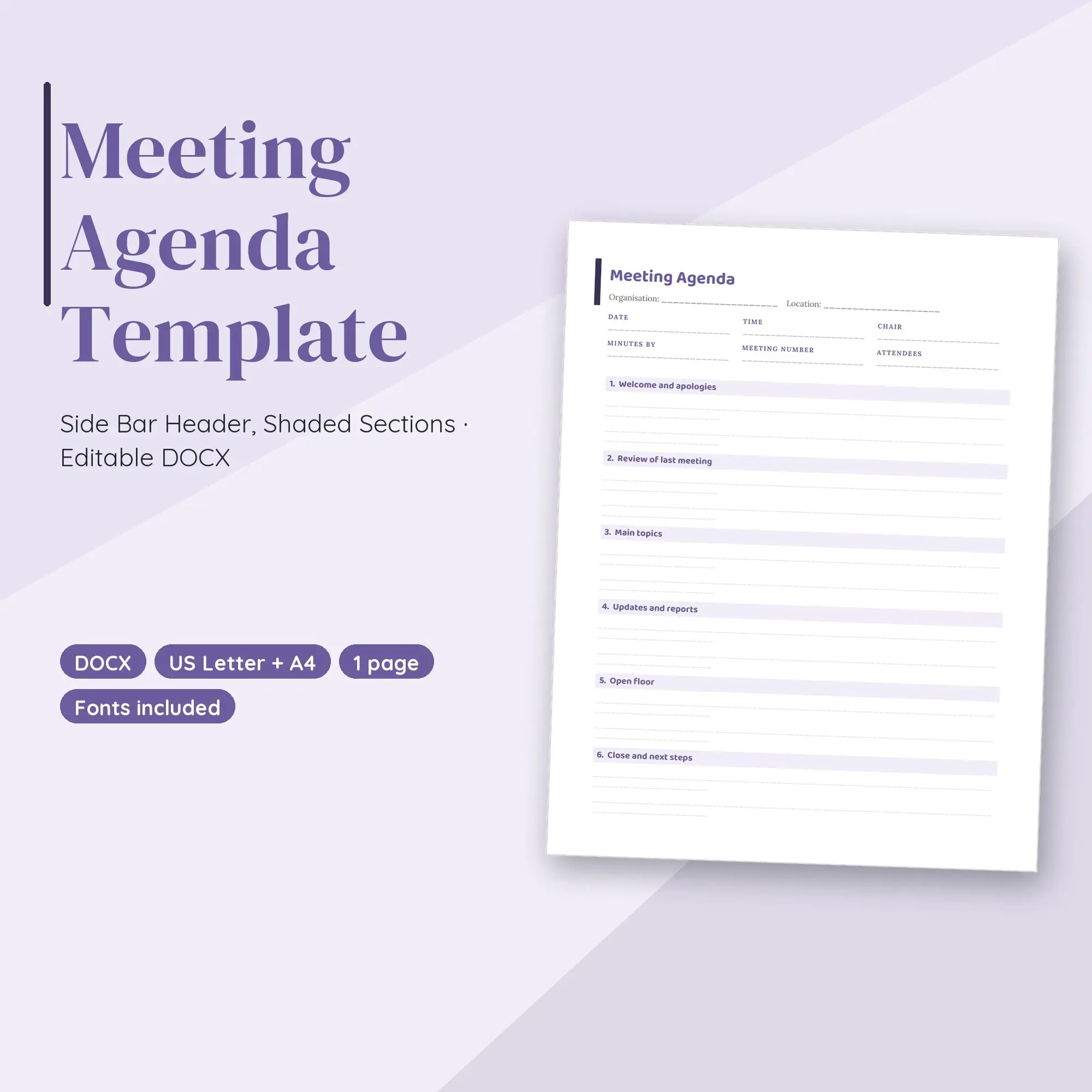 Meeting Agenda Template, Side Bar Header, Shaded Sections (DOCX) preview