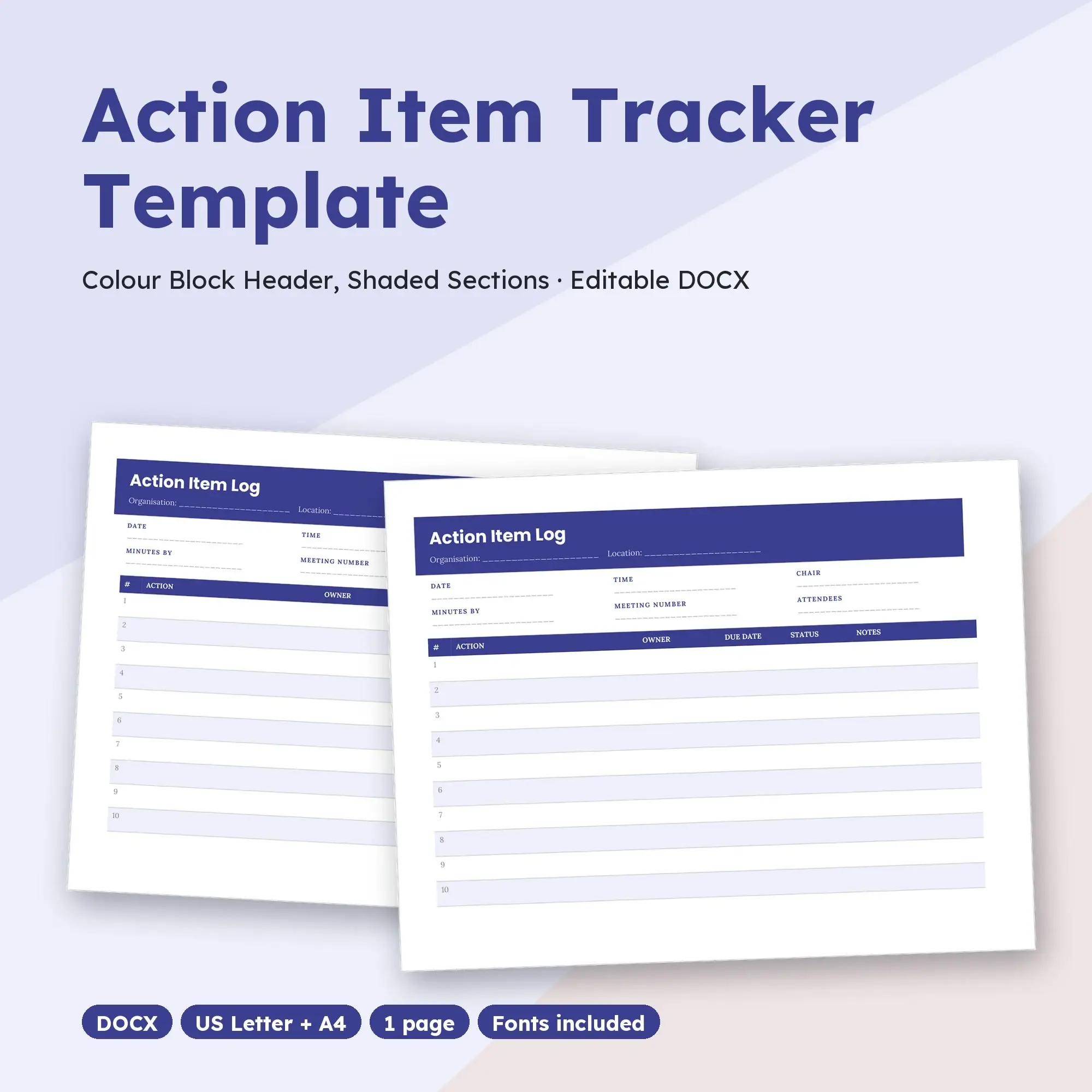 Action Item Tracker Template, Colour Block Header, Shaded Sections (DOCX) preview