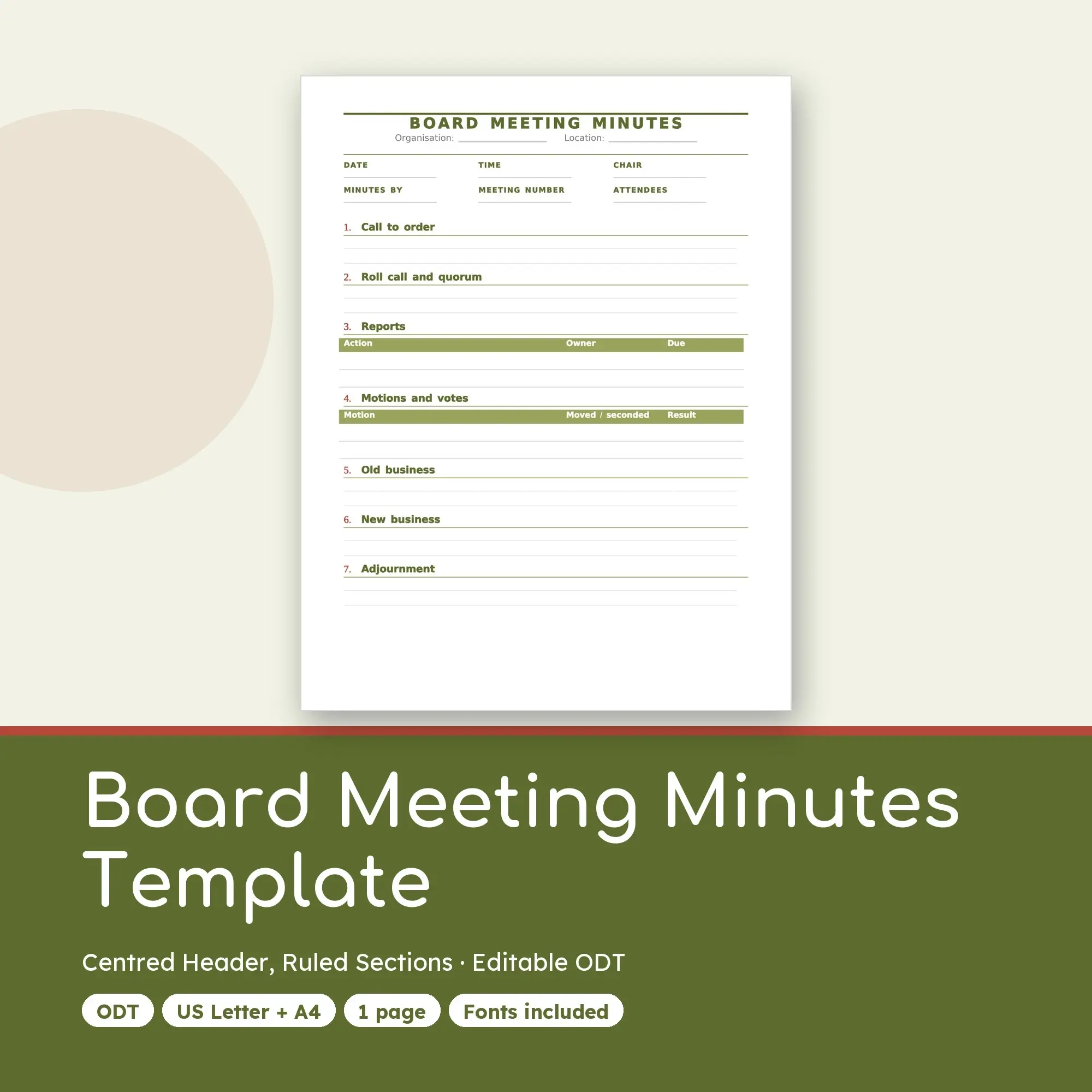 Board Meeting Minutes Template, Centred Header, Ruled Sections (ODT) preview