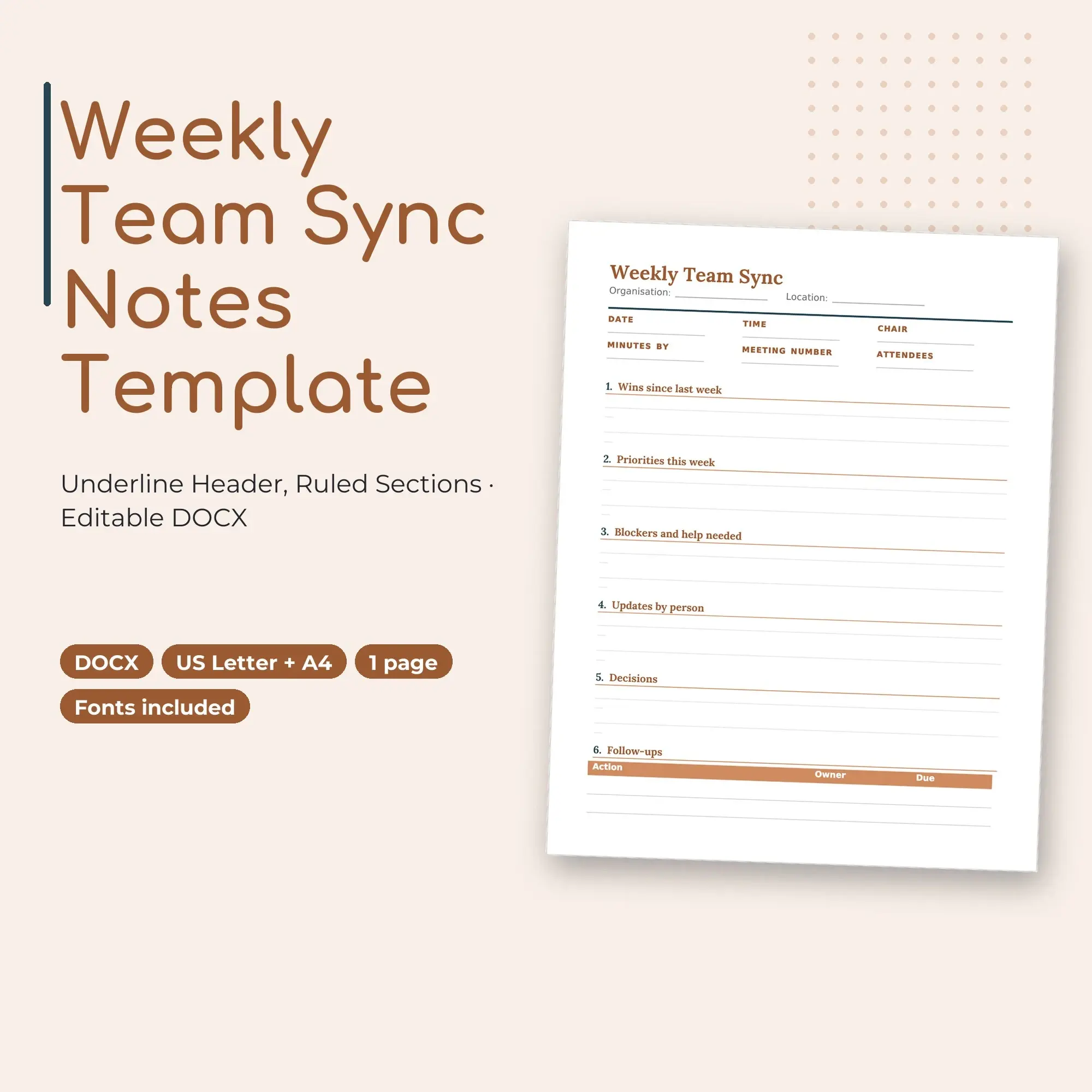 Weekly Team Sync Notes Template, Underline Header, Ruled Sections (DOCX) preview