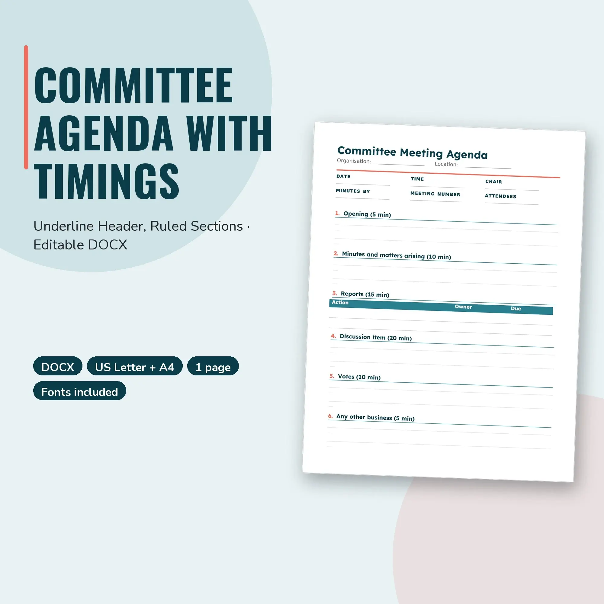 Committee Agenda With Timings Template, Underline Header, Ruled Sections (DOCX), preview 1 of 2