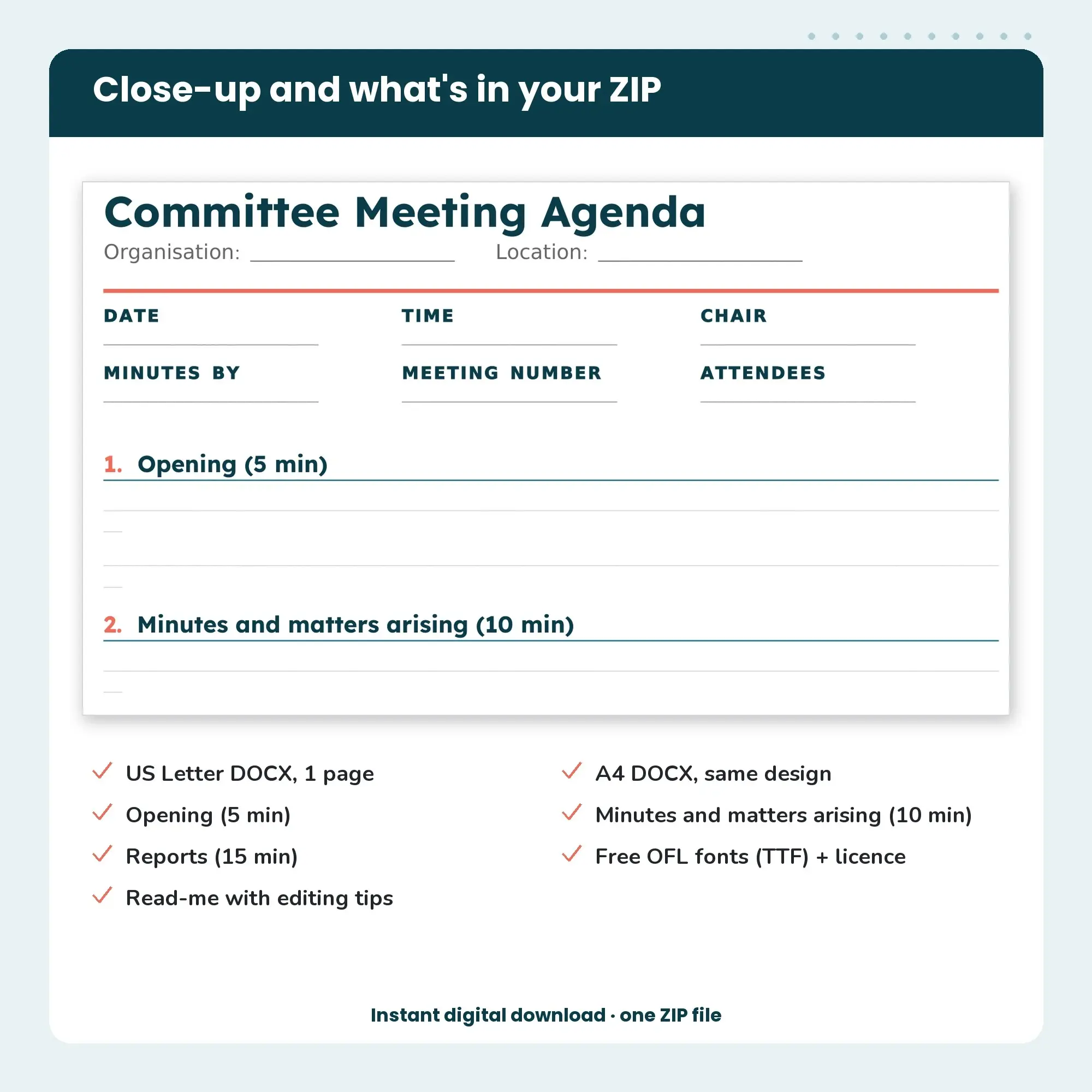 Committee Agenda With Timings Template, Underline Header, Ruled Sections (DOCX), preview 2 of 2