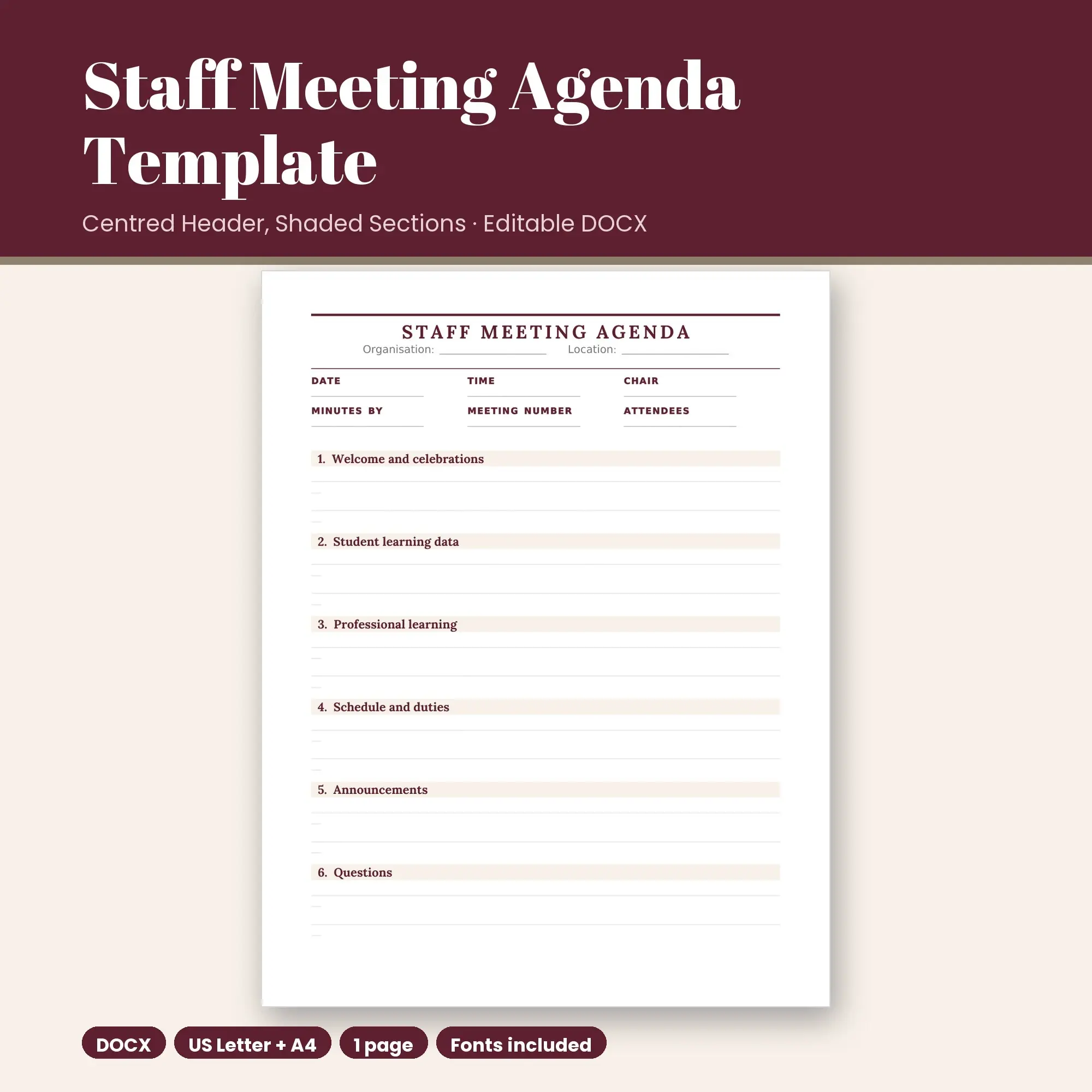 Staff Meeting Agenda Template, Centred Header, Shaded Sections (DOCX) preview