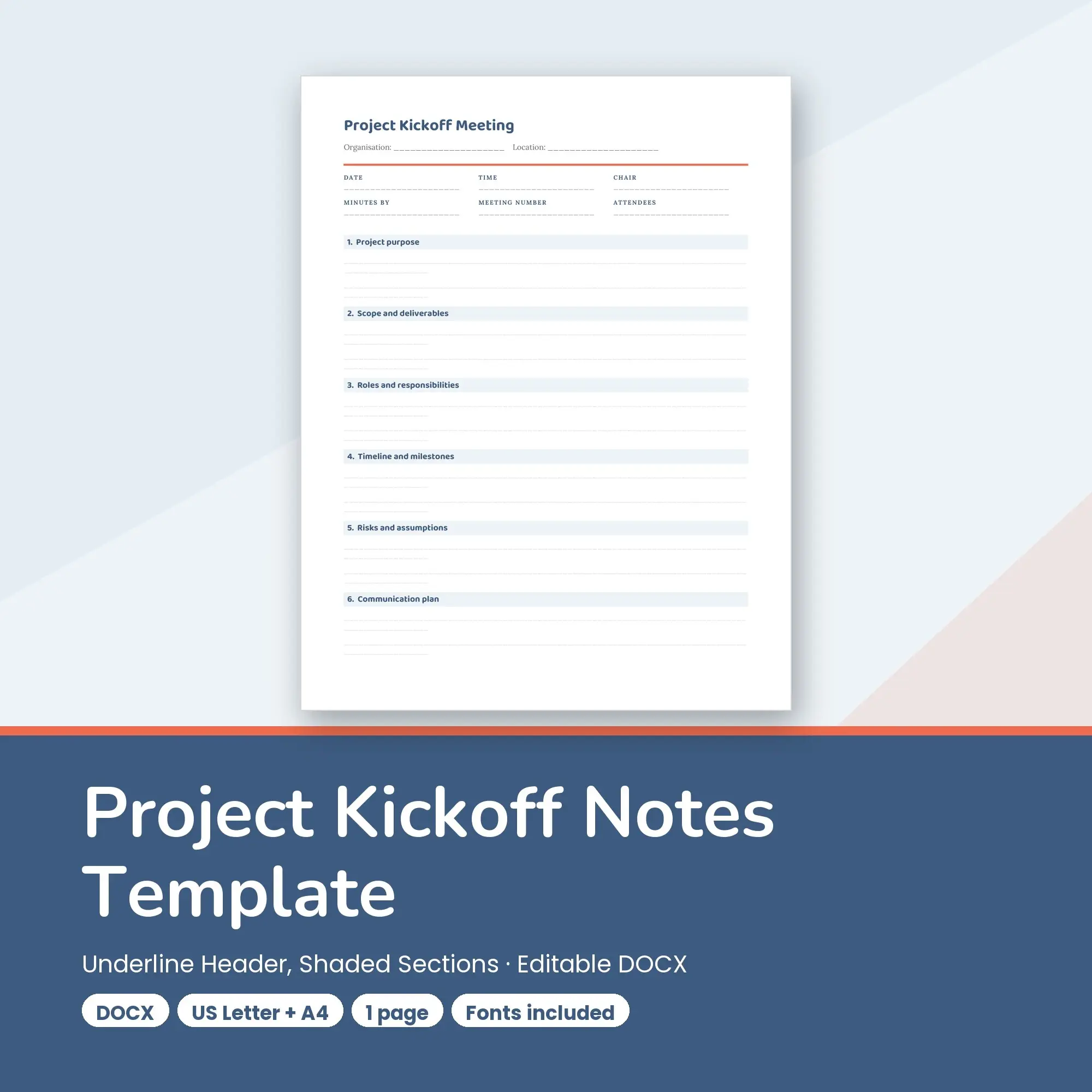 Project Kickoff Notes Template, Underline Header, Shaded Sections (DOCX) preview