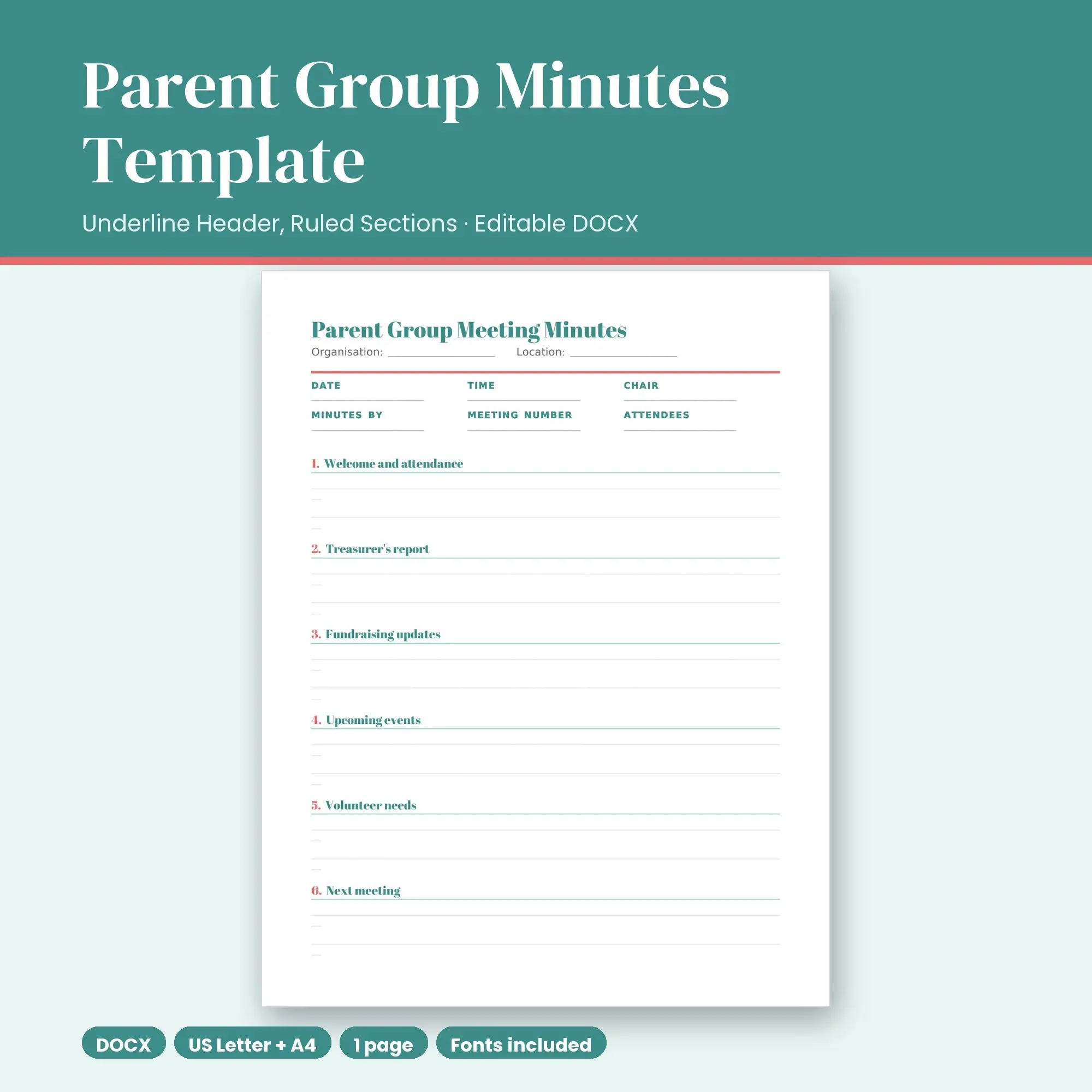 Parent Group Minutes Template, Underline Header, Ruled Sections (DOCX) preview