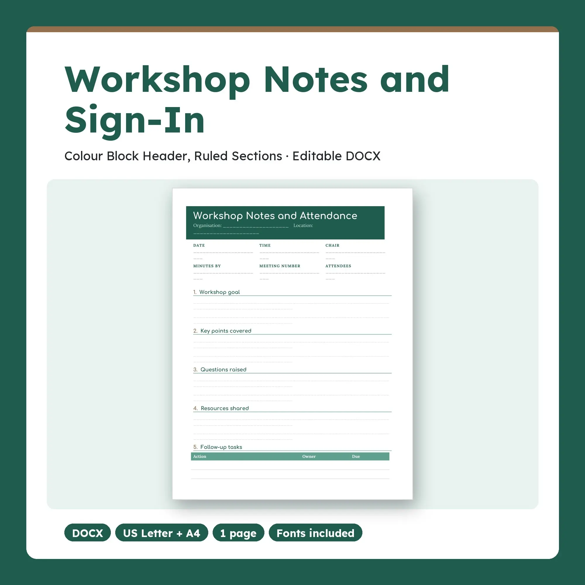 Workshop Notes and Sign-In Template, Colour Block Header, Ruled Sections (DOCX) preview