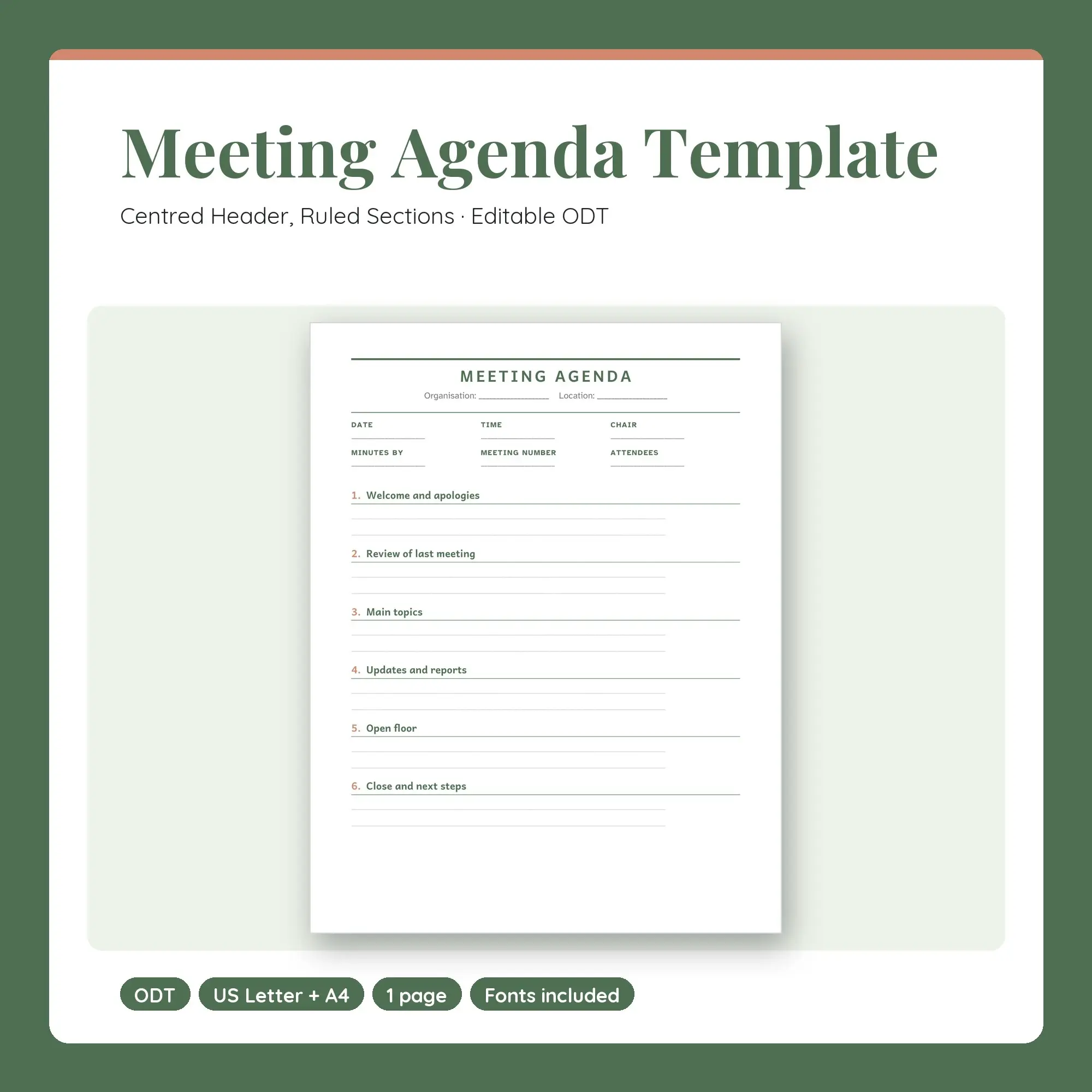 Meeting Agenda Template, Centred Header, Ruled Sections (ODT) preview