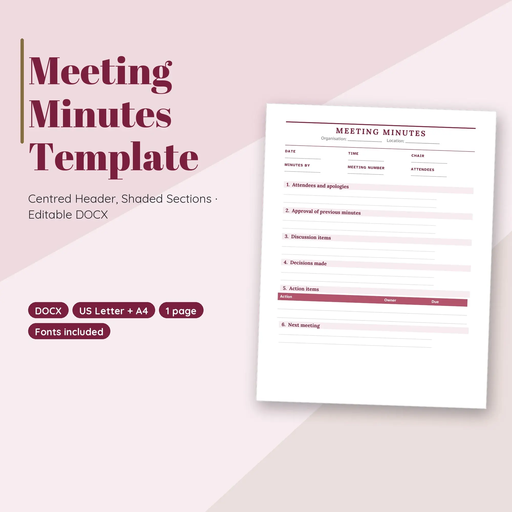 Meeting Minutes Template, Centred Header, Shaded Sections (DOCX) preview