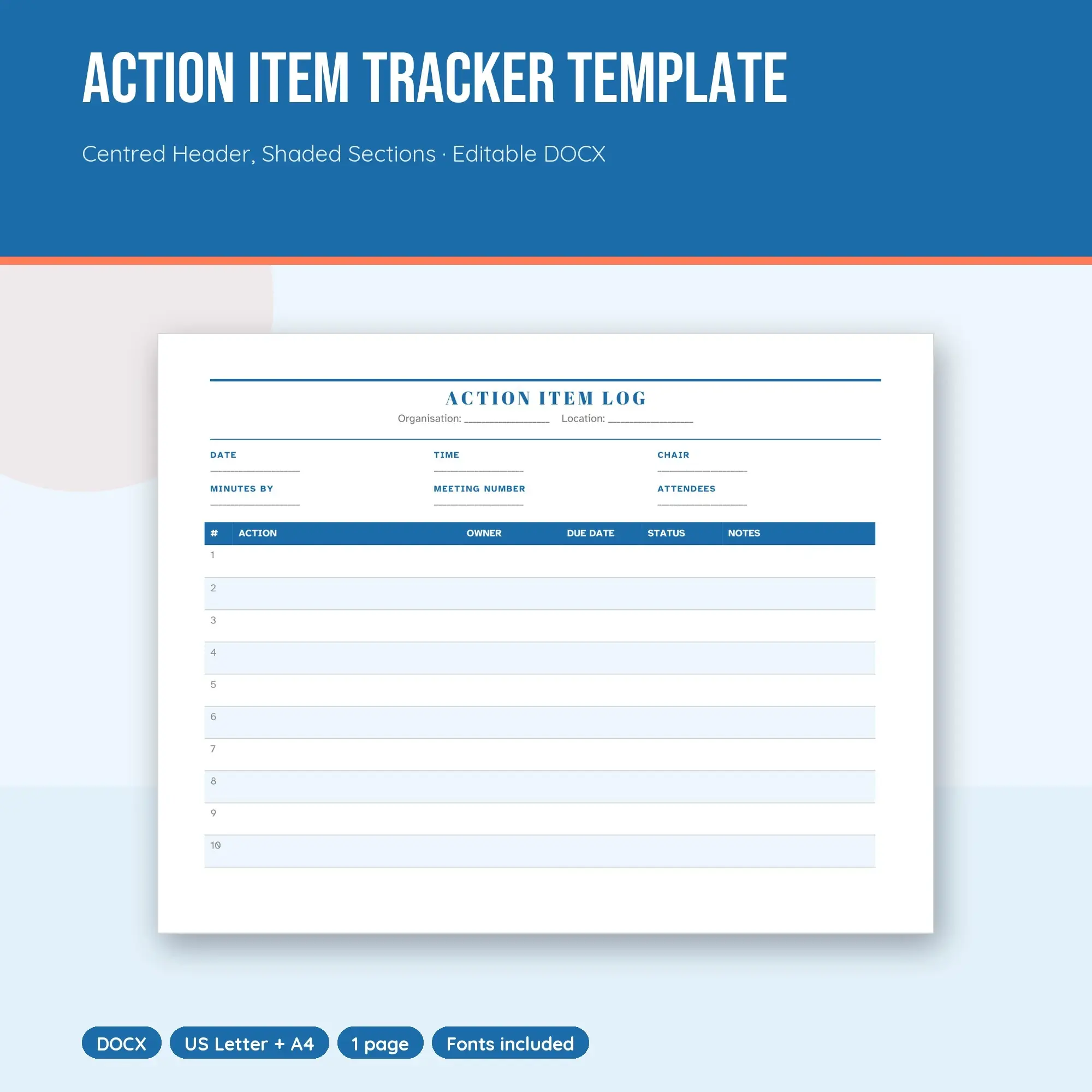 Action Item Tracker Template, Centred Header, Shaded Sections (DOCX) preview