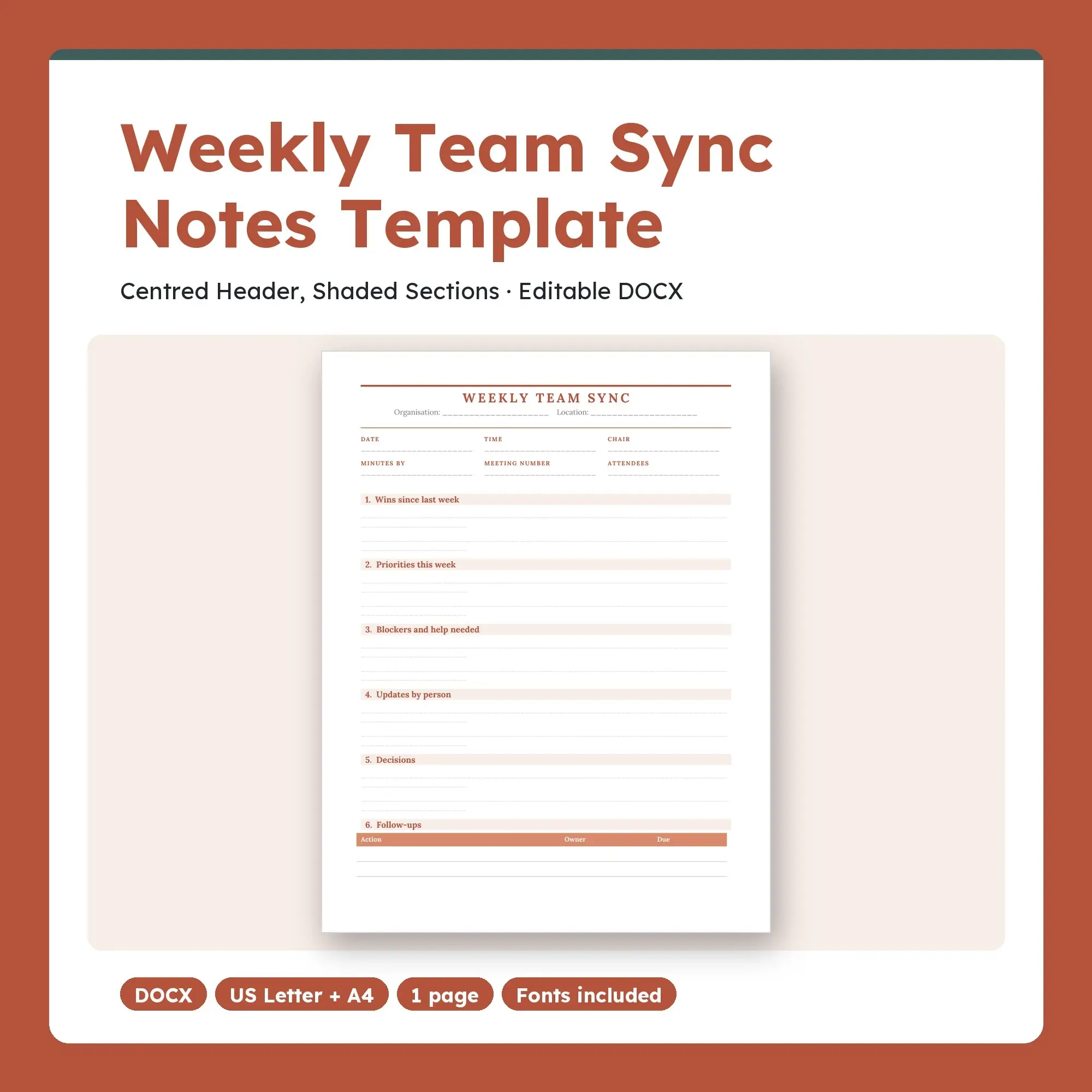Weekly Team Sync Notes Template, Centred Header, Shaded Sections (DOCX) preview