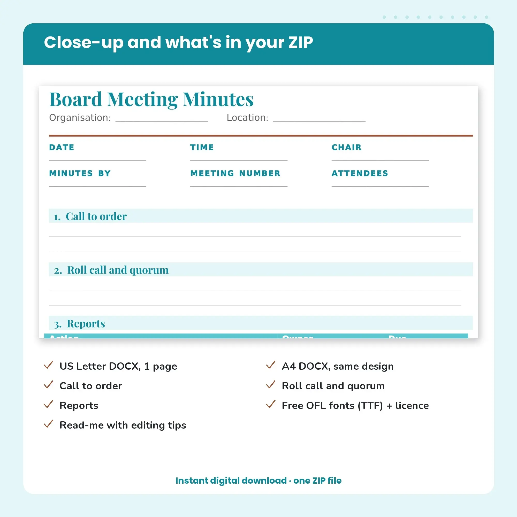 Board Meeting Minutes Template, Underline Header, Shaded Sections (DOCX), preview 2 of 2