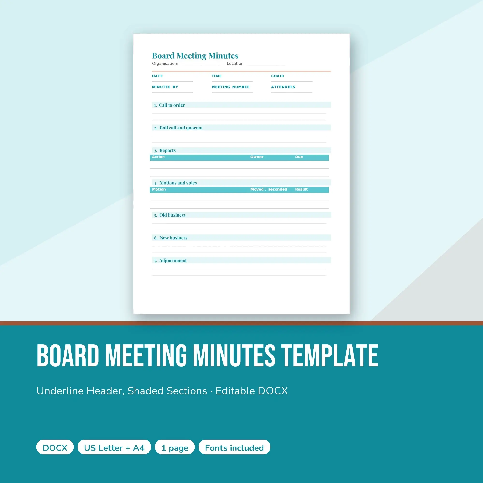 Board Meeting Minutes Template, Underline Header, Shaded Sections (DOCX) preview