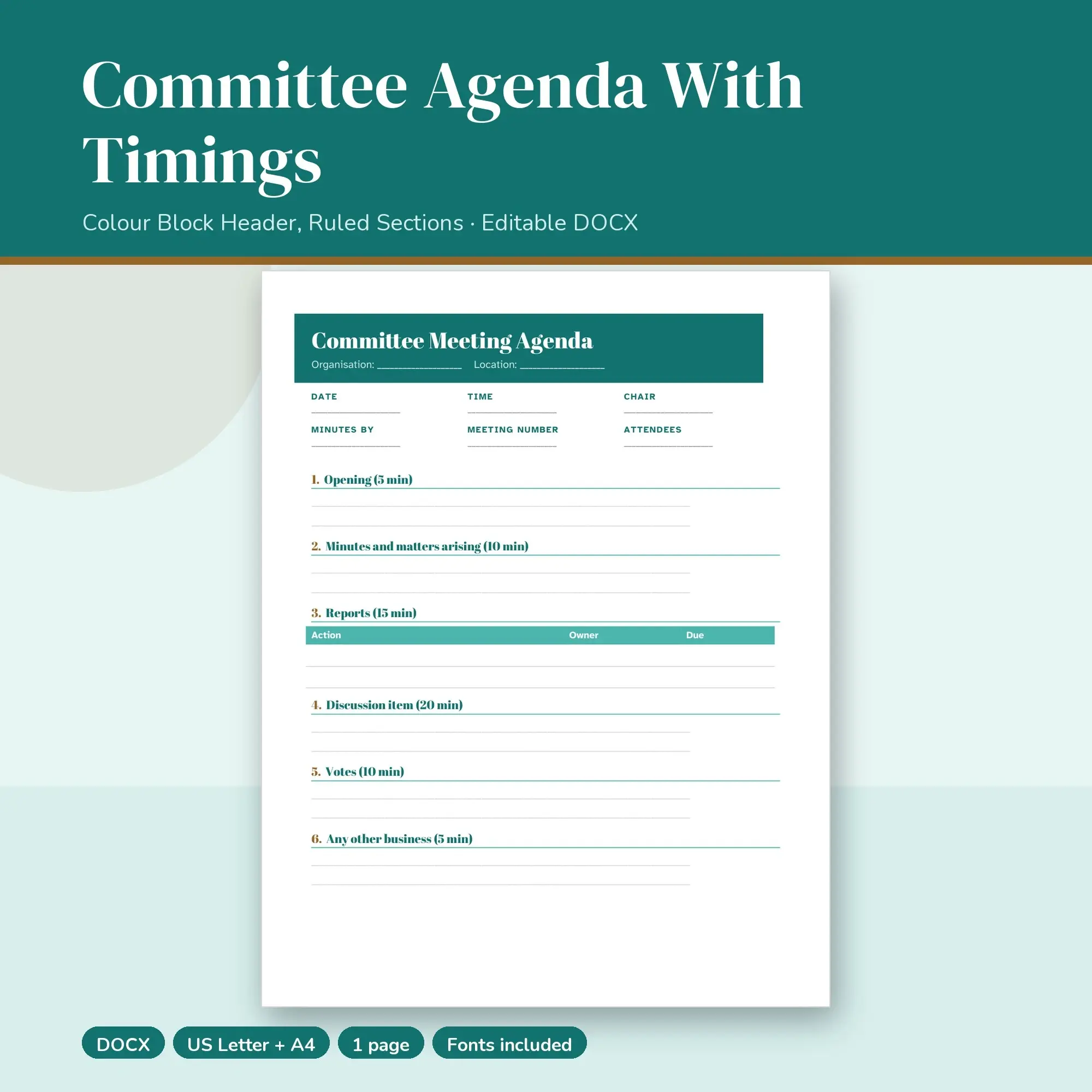 Committee Agenda With Timings Template, Colour Block Header, Ruled Sections (DOCX) preview