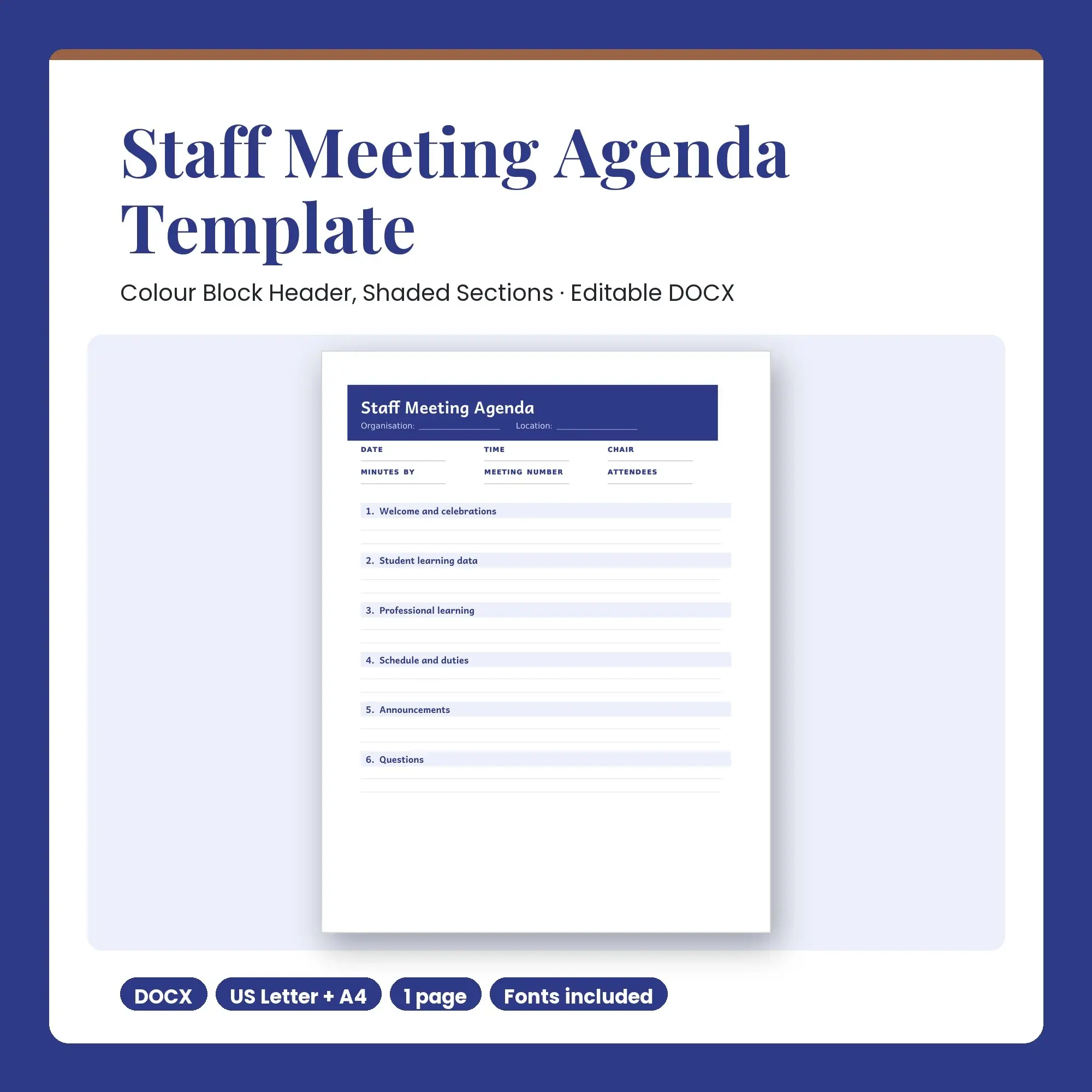 Staff Meeting Agenda Template, Colour Block Header, Shaded Sections (DOCX) preview