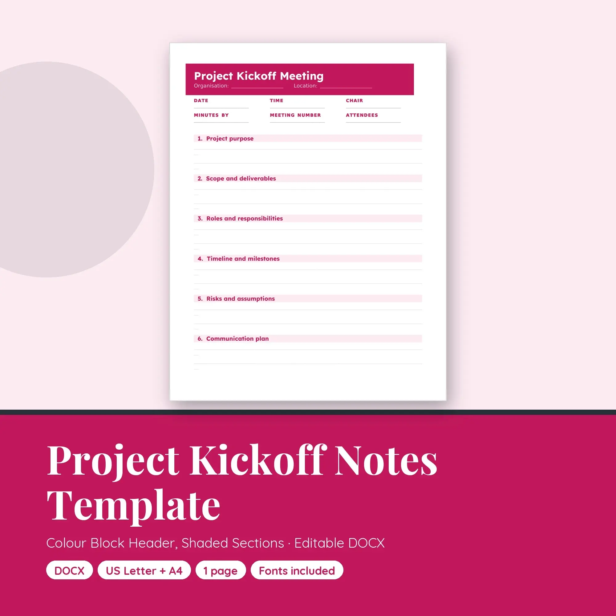 Project Kickoff Notes Template, Colour Block Header, Shaded Sections (DOCX) preview