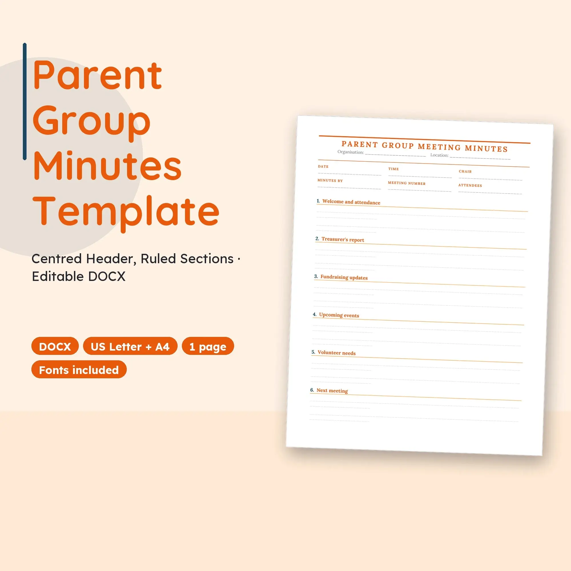 Parent Group Minutes Template, Centred Header, Ruled Sections (DOCX) preview