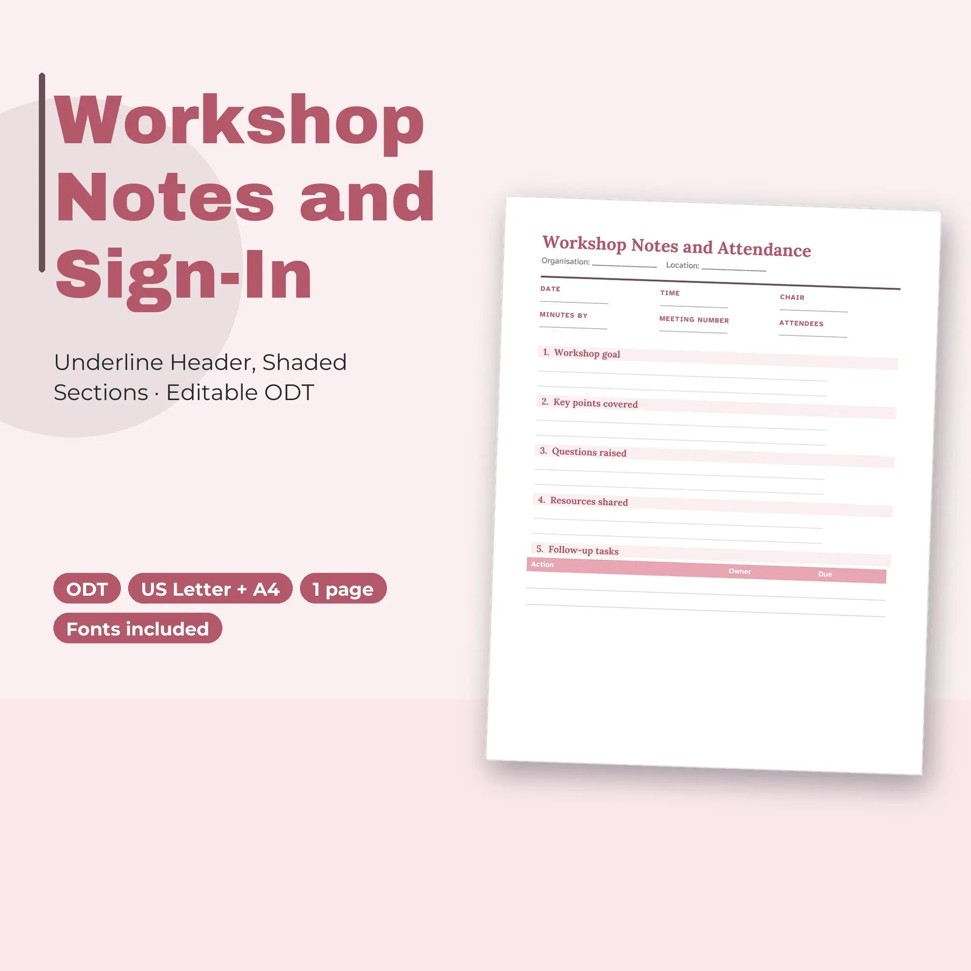 Workshop Notes and Sign-In Template, Underline Header, Shaded Sections (ODT) preview