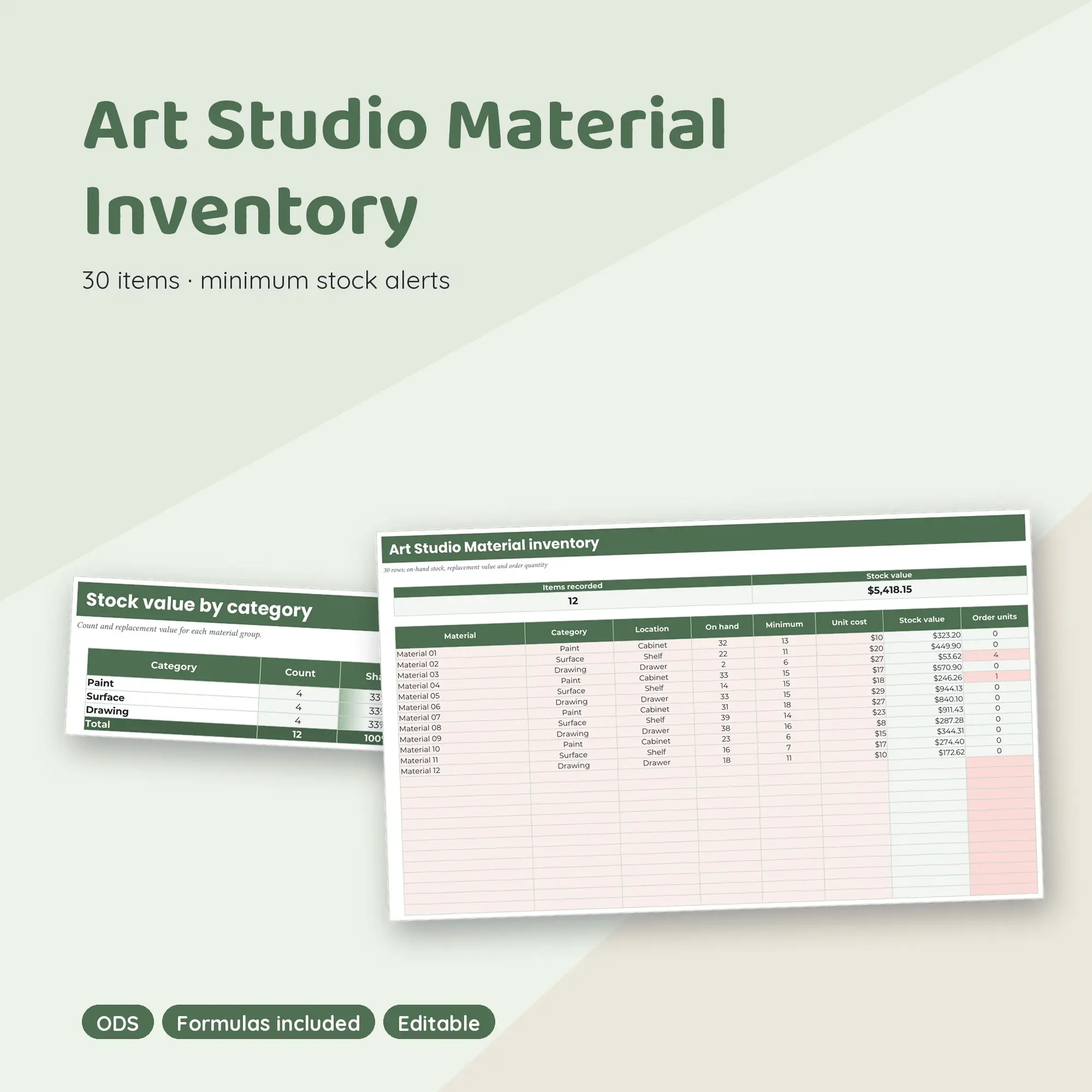 Art Studio Material Inventory Spreadsheet, Single Room 30-Item Tracker (ODS), preview 1 of 2