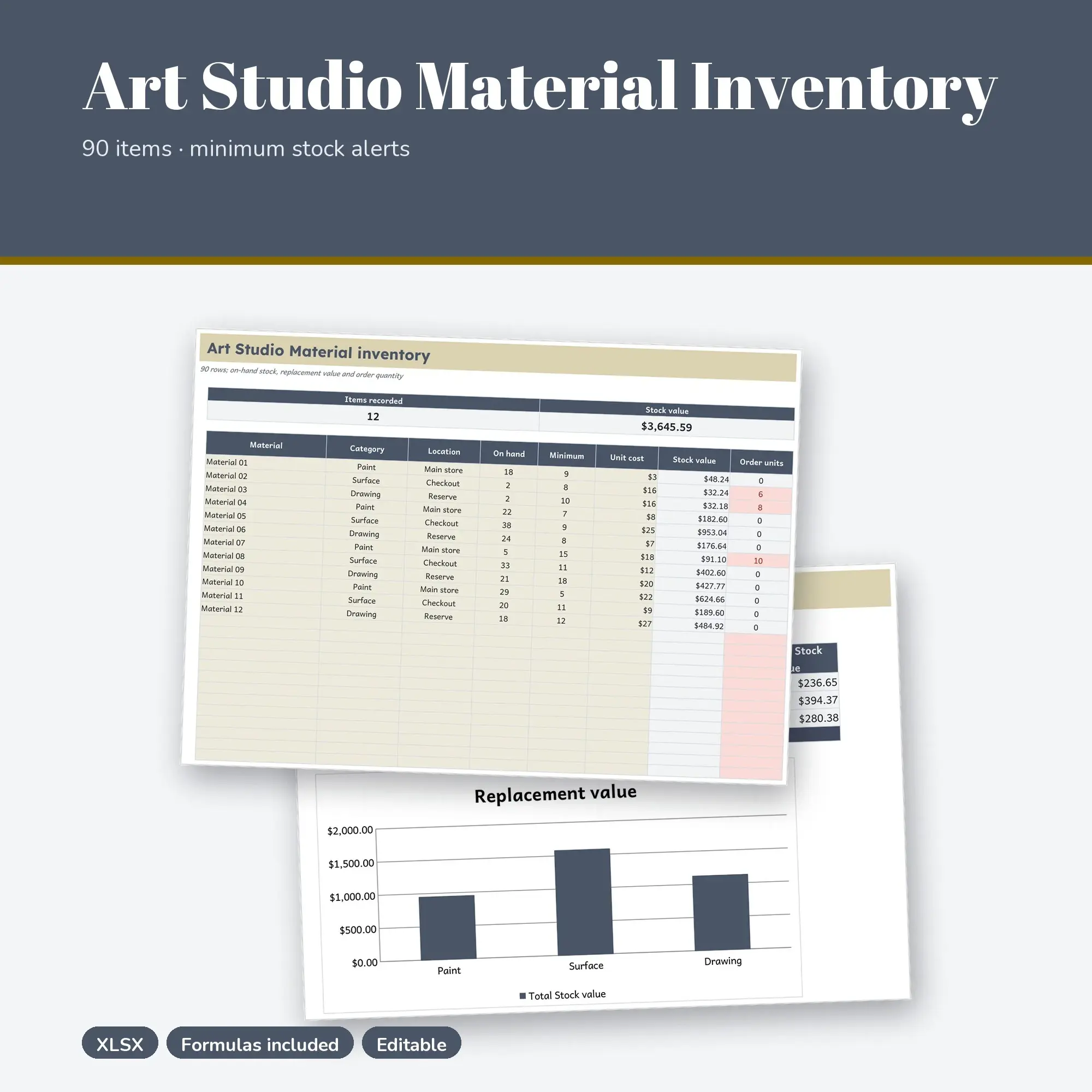 Art Studio Material Inventory Spreadsheet, Shared Store 90-Item Tracker (XLSX) preview
