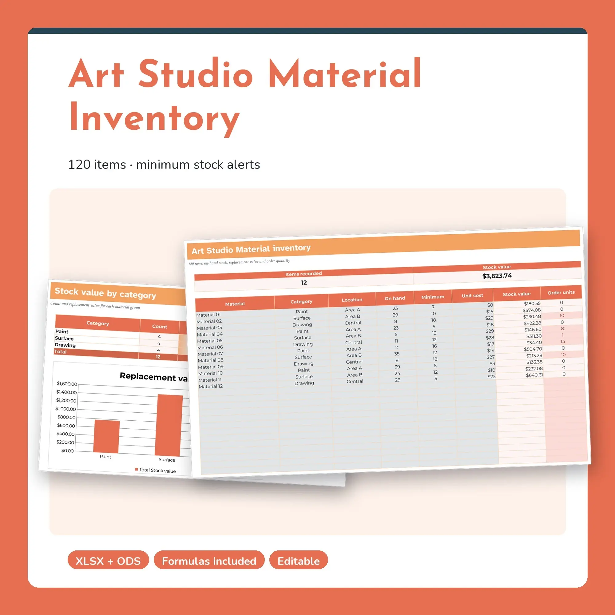 Art Studio Material Inventory Spreadsheet, Multi Area 120-Item Tracker (XLSX + ODS) preview