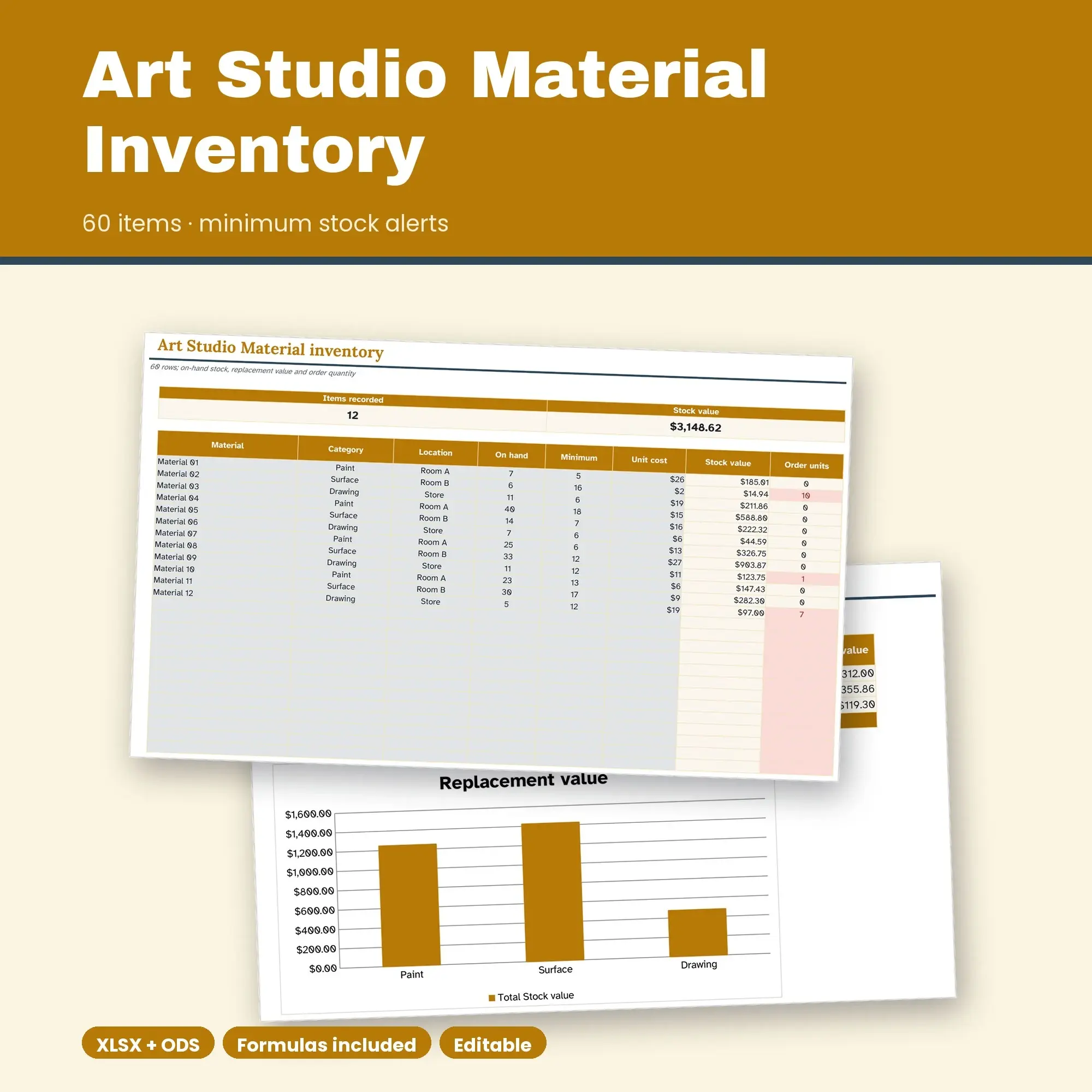 Art Studio Material Inventory Spreadsheet, Two Room 60-Item Tracker (XLSX + ODS) preview