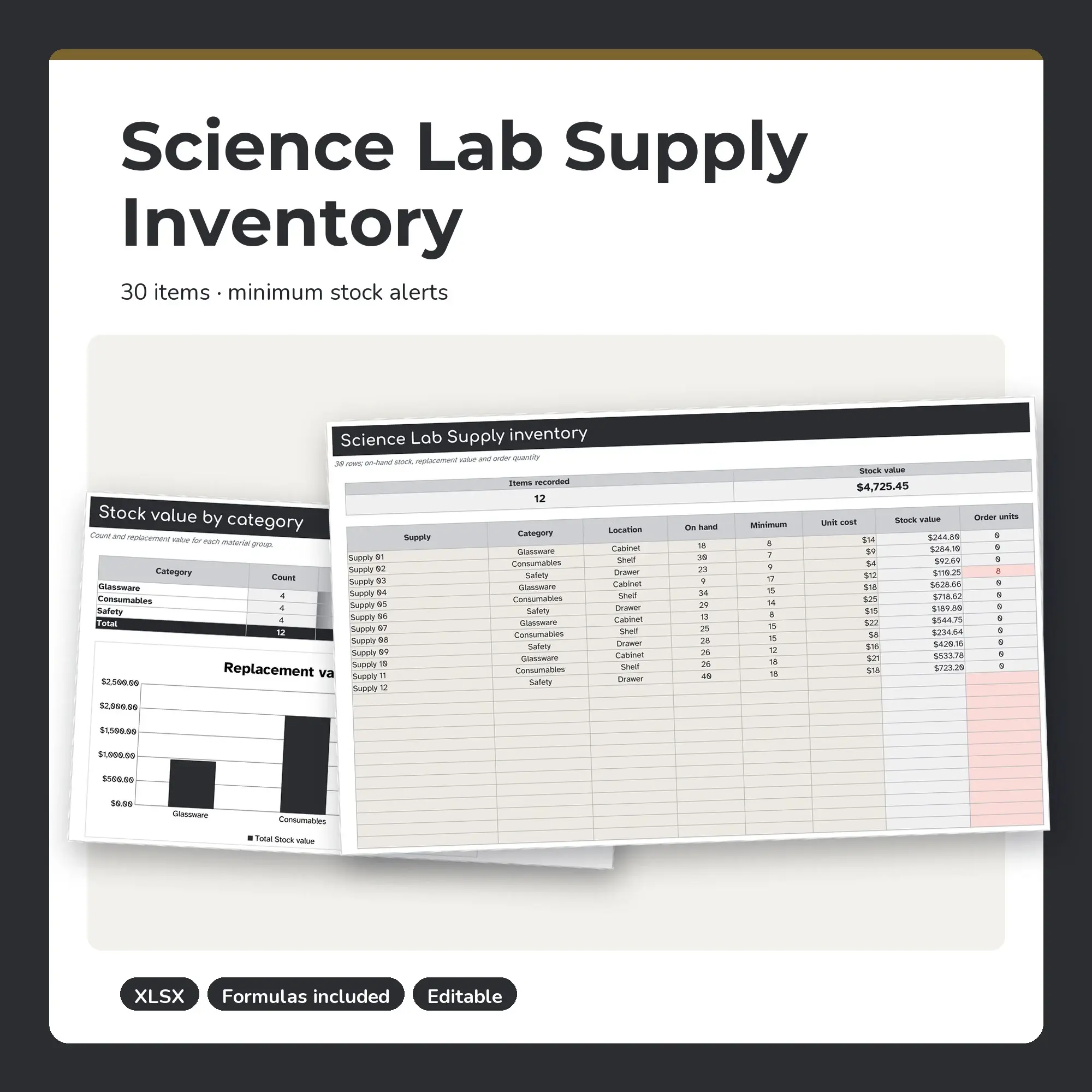 Science Lab Supply Inventory Spreadsheet, Single Room 30-Item Tracker (XLSX) preview