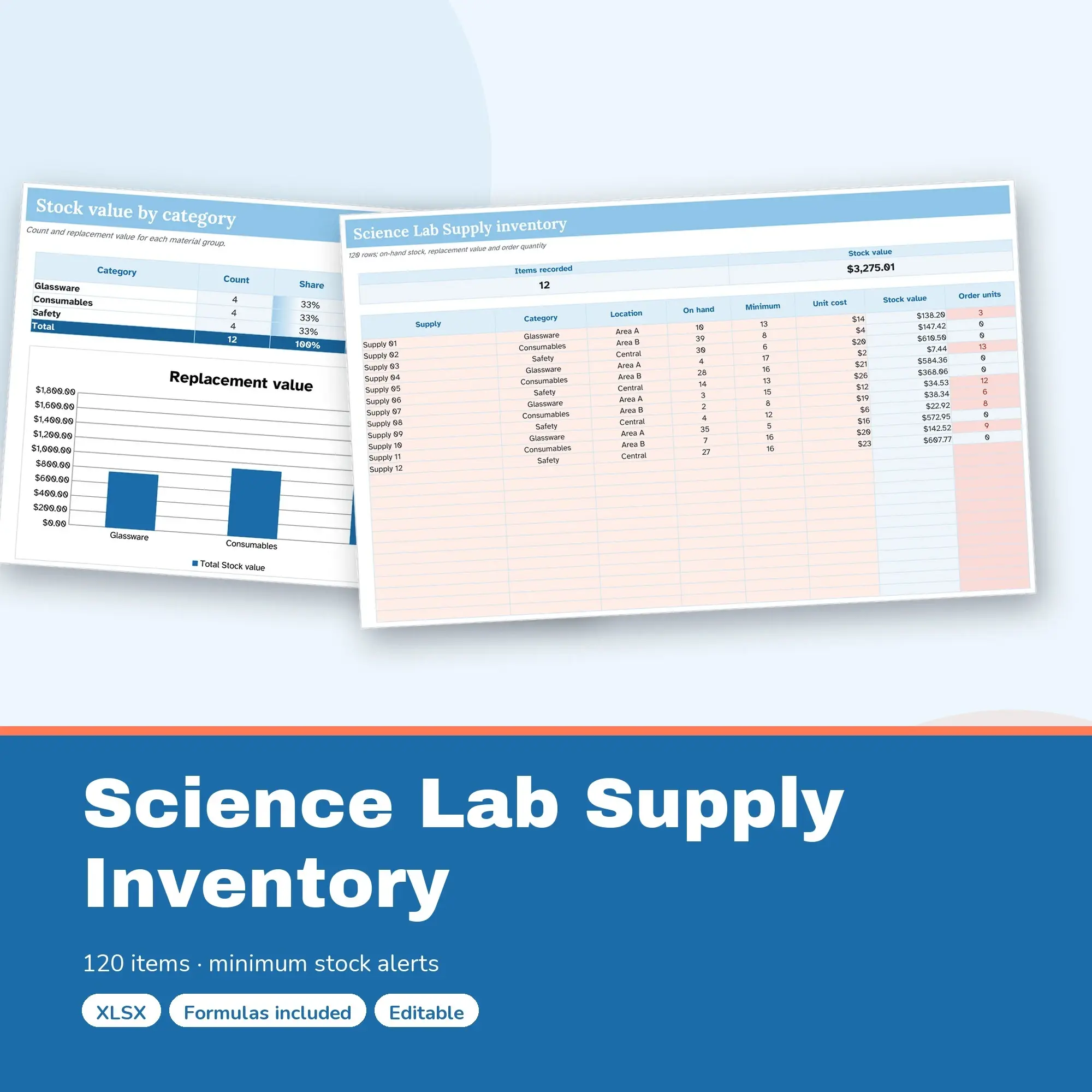 Science Lab Supply Inventory Spreadsheet, Multi Area 120-Item Tracker (XLSX) preview