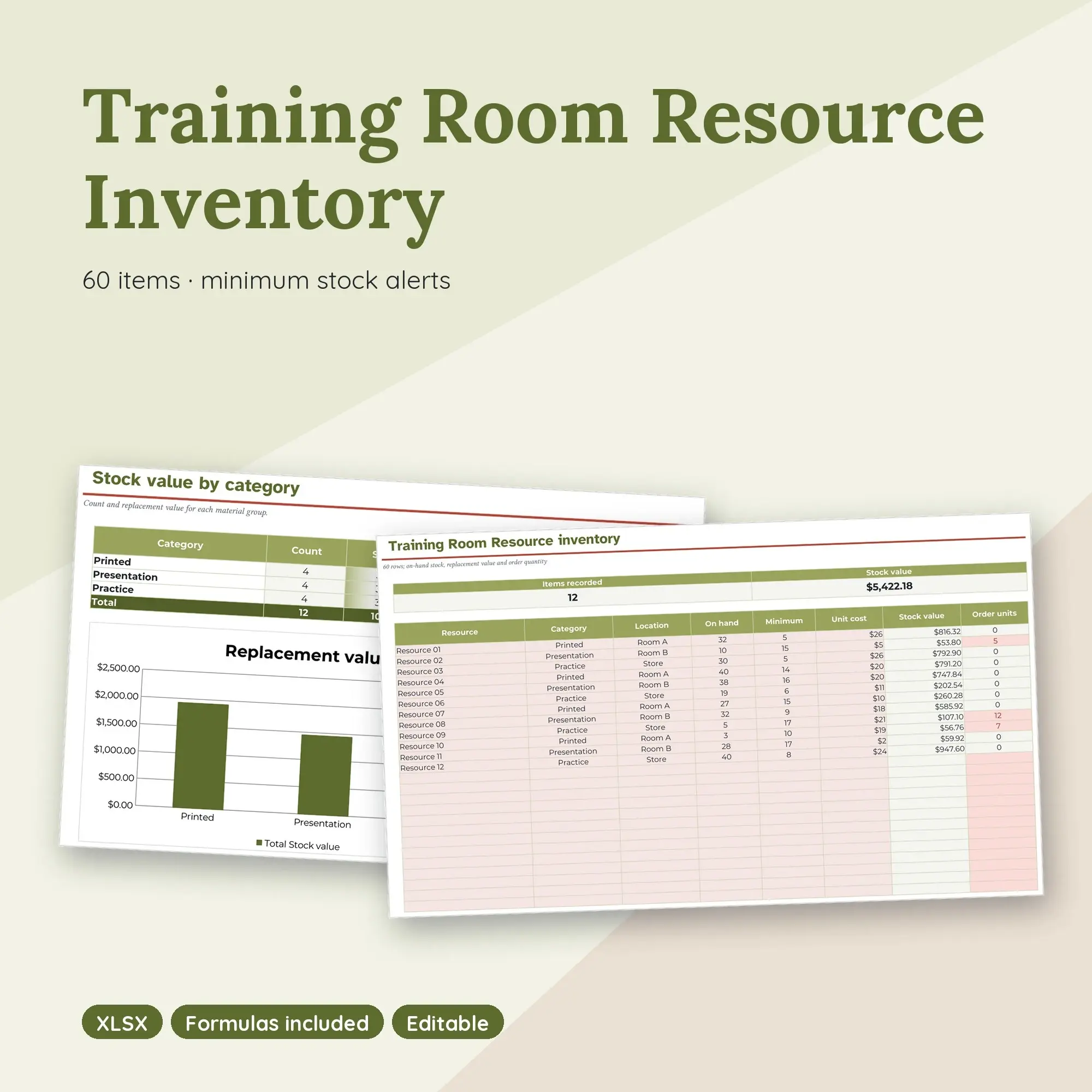 Training Room Resource Inventory Spreadsheet, Two Room 60-Item Tracker (XLSX) preview