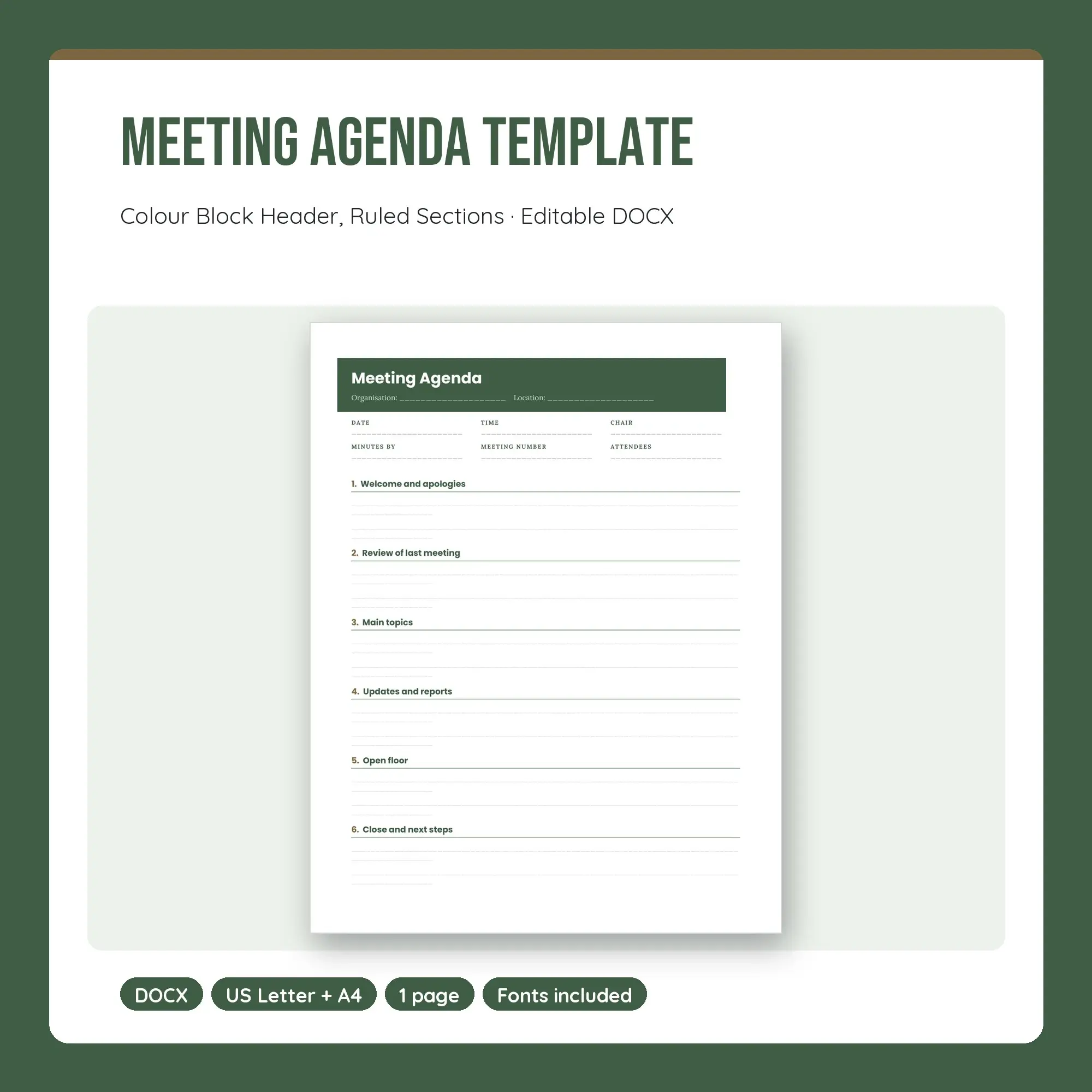 Meeting Agenda Template, Colour Block Header, Ruled Sections (DOCX), preview 1 of 2