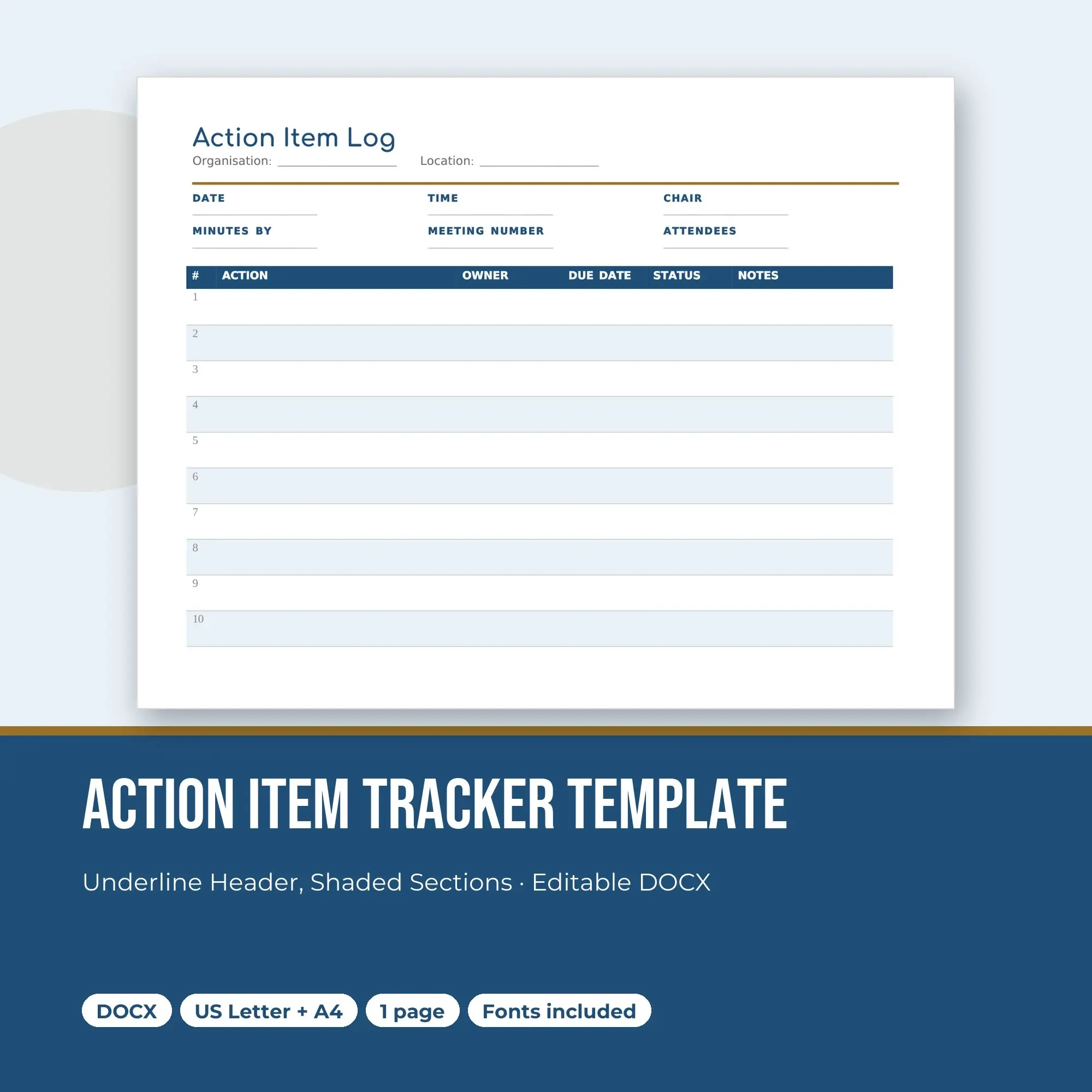 Action Item Tracker Template, Underline Header, Shaded Sections (DOCX) preview